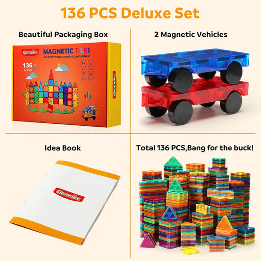 Gemmicc Magnetic Tiles, Deluxe 136 PCS Building Blocks Magnet Toys for Kids,3D Magnet Puzzles Stacking Blocks for Boys Girls,Huge Set with 2 Cars - PuriLite