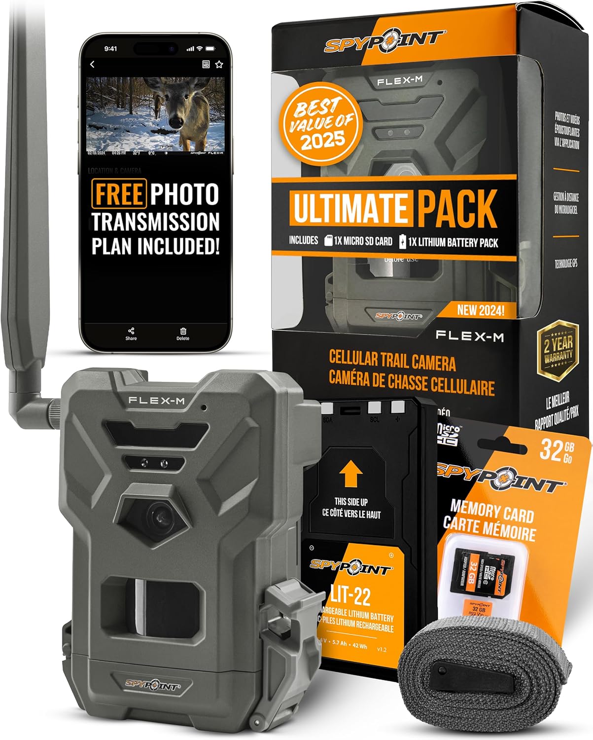 SPYPOINT Flex-M Cellular Trail Camera - Best Value in Hunting Accessories, No WiFi Needed & GPS-Enabled, Hunting Night Vision, IP65 Water-Resistant, 28MP Photos, 720p Videos + Sound (Pack of 1)