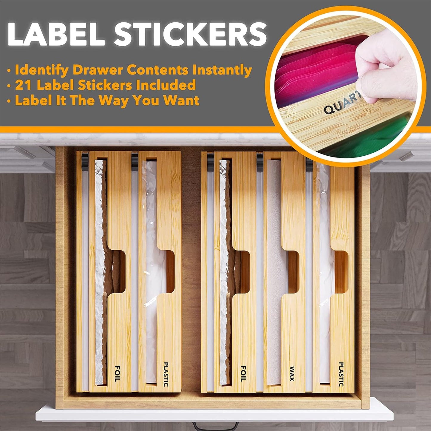3-in-1 Bamboo Wrap Organizer with Built-In Cutters and Labels – Plastic Wrap, Aluminum Foil and Wax Paper Dispenser for 12-Inch Rolls - PuriLite