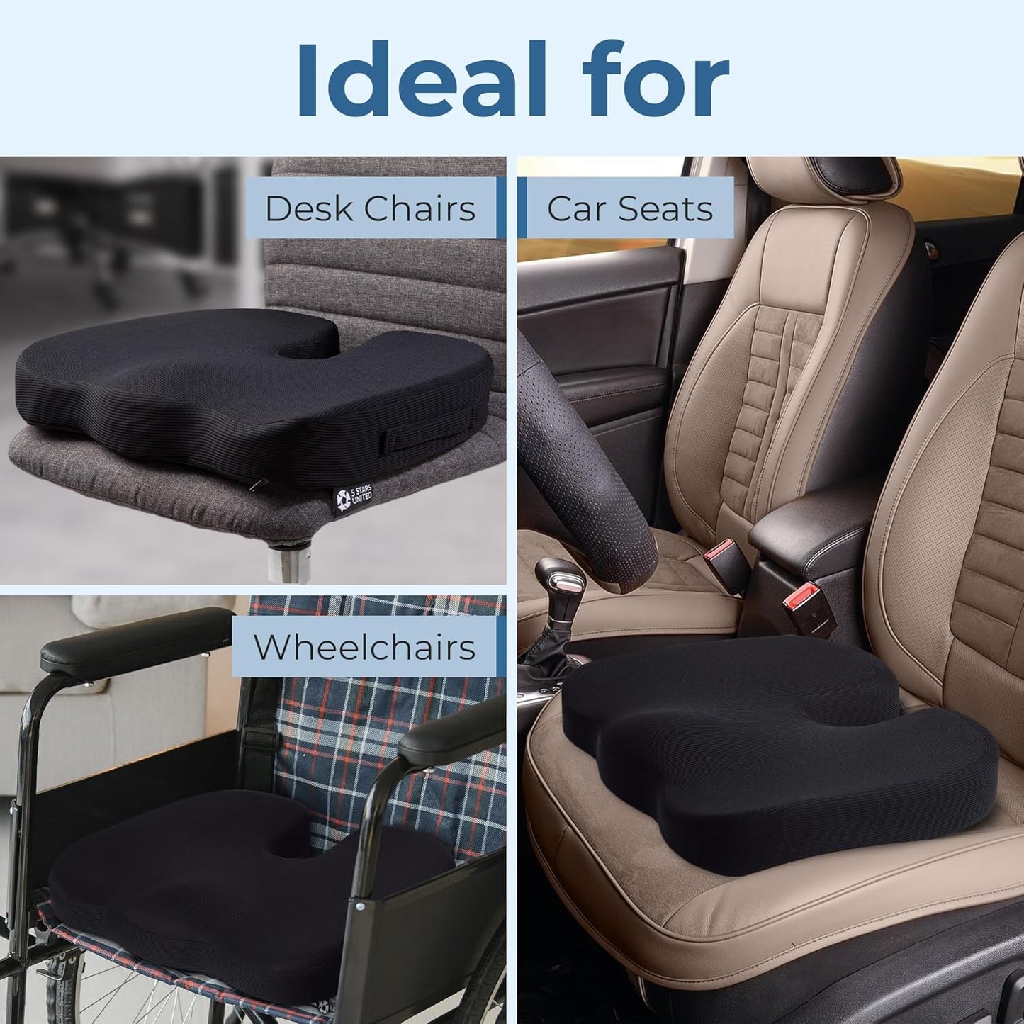 5 STARS UNITED Seat Cushion for Desk Chair - Tailbone, Coccyx Sciatica Pain Relief - Wheelchair Cushions, Black Mesh