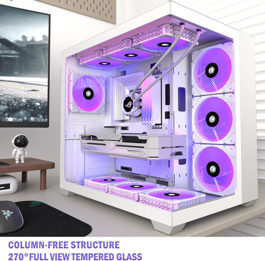 KEDIERS ATX PC Case,6 PWM ARGB Fans Pre-Installed,360MM RAD Support,Gaming 270° Full View Tempered Glass Mid Tower Pure White ATX Computer Case,C690 - PuriLite