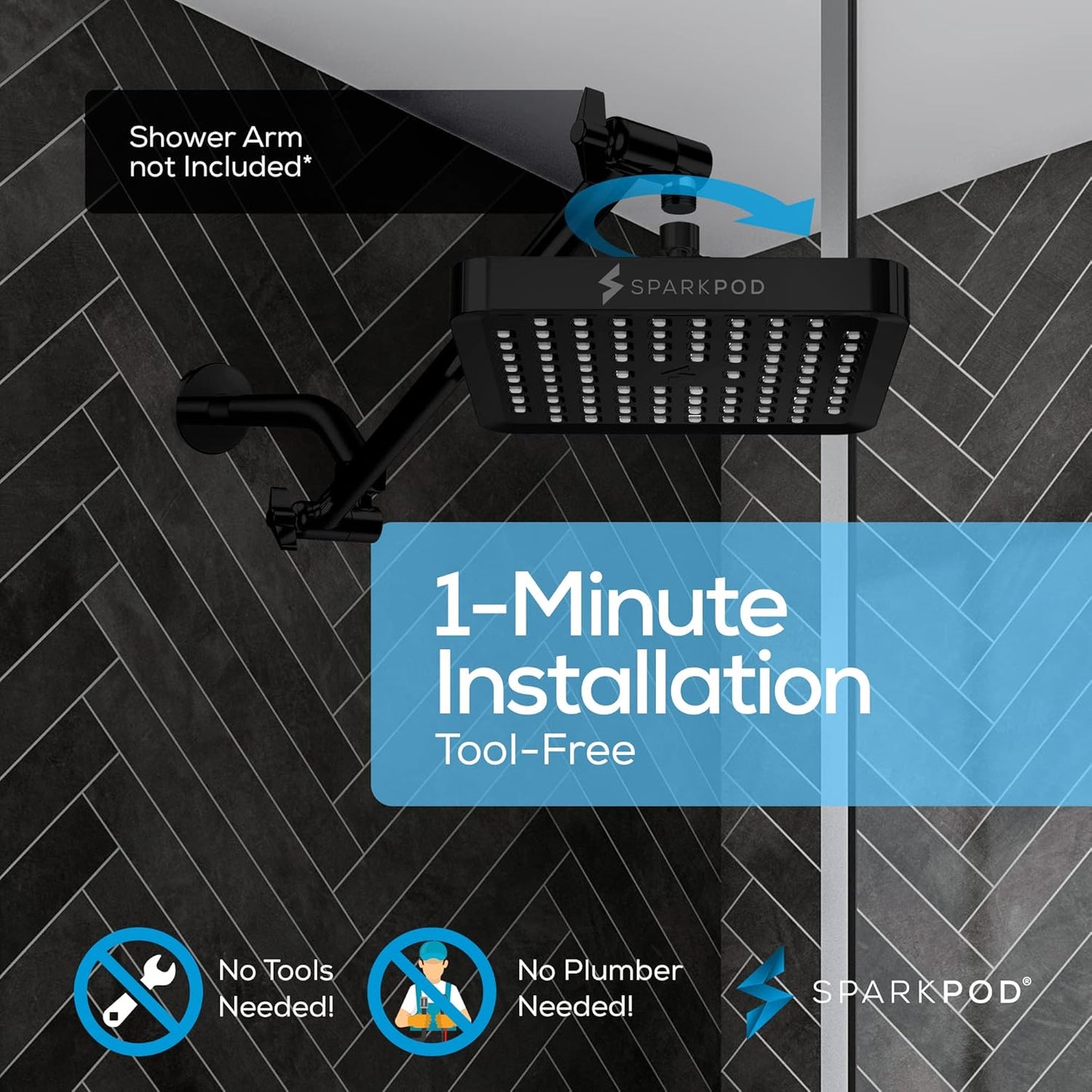 SparkPod Shower Head - High Pressure Rain - Premium Quality Luxury Design - 1-Min Install - Easy Clean Adjustable Replacement for Your Bathroom Shower Heads (Luxury Polished Chrome, 6 Inch Round)