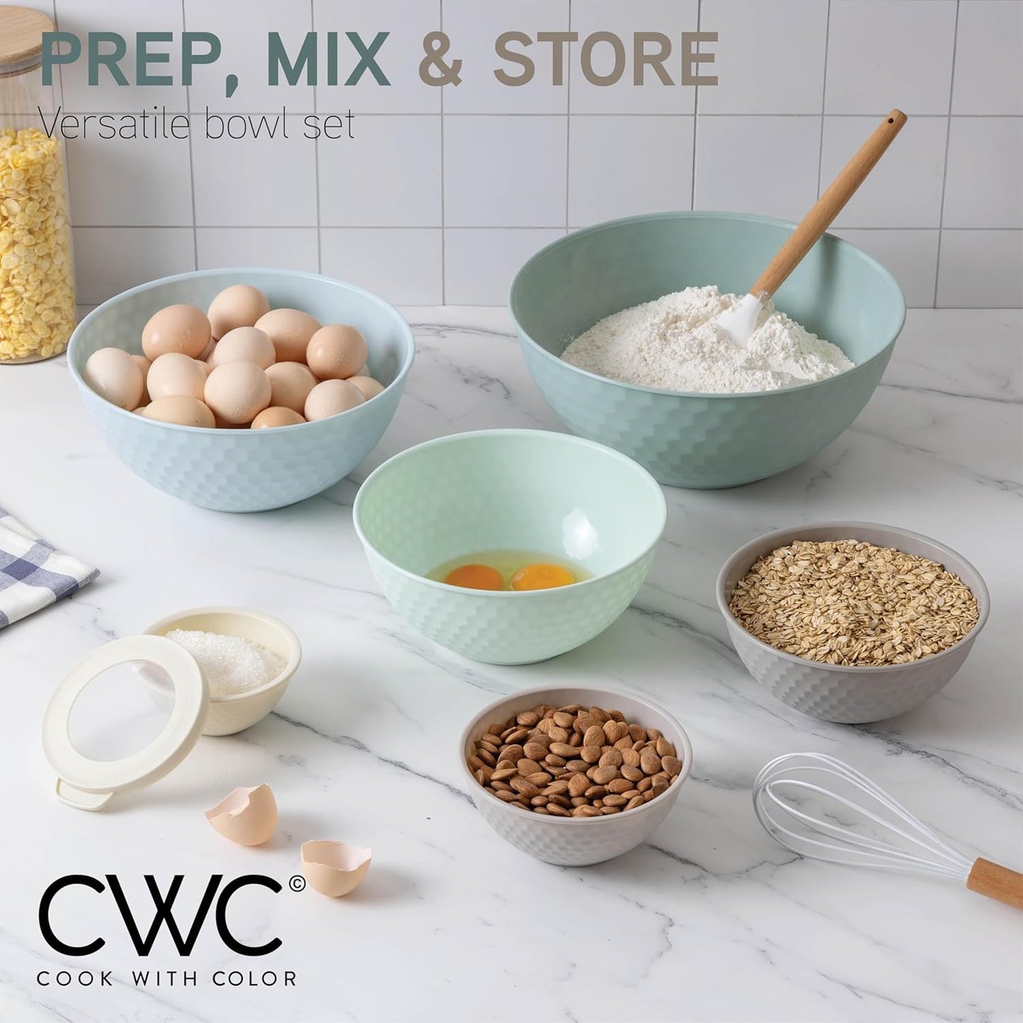 COOK WITH COLOR Mixing Bowls with TPR Lids - 12 Piece Plastic Nesting Bowls Set Includes 6 Prep Bowls and 6 Lids, Microwave Safe Mixing Bowl Set (Mint)