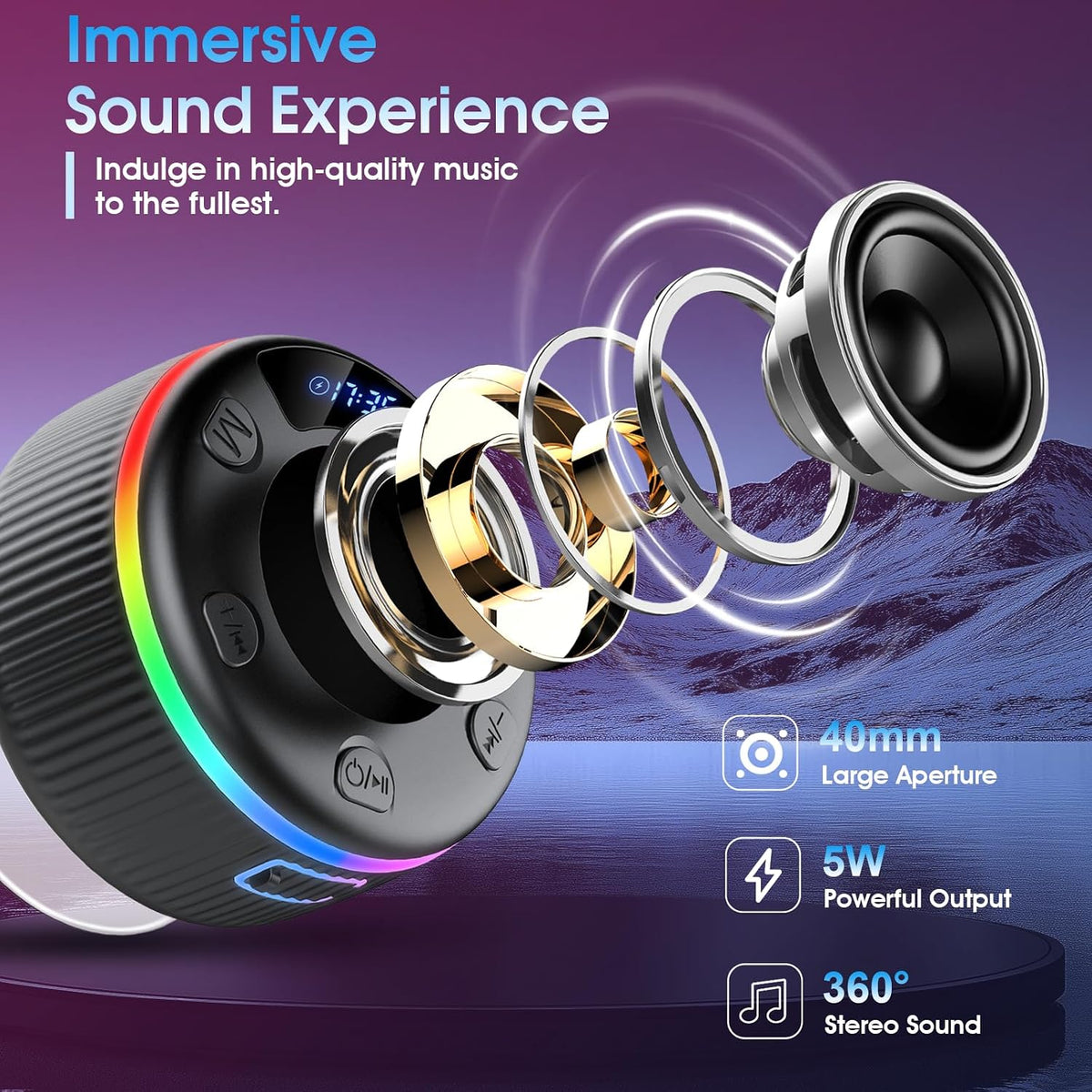 Shower Bluetooth Speaker, Portable Bluetooth 5.3 Shower Speaker Wireless, IP7 Waterproof Mini Speaker with RGB Lights, Suction Cup, Stereo Bass, for Bathroom Party Travel, Gift