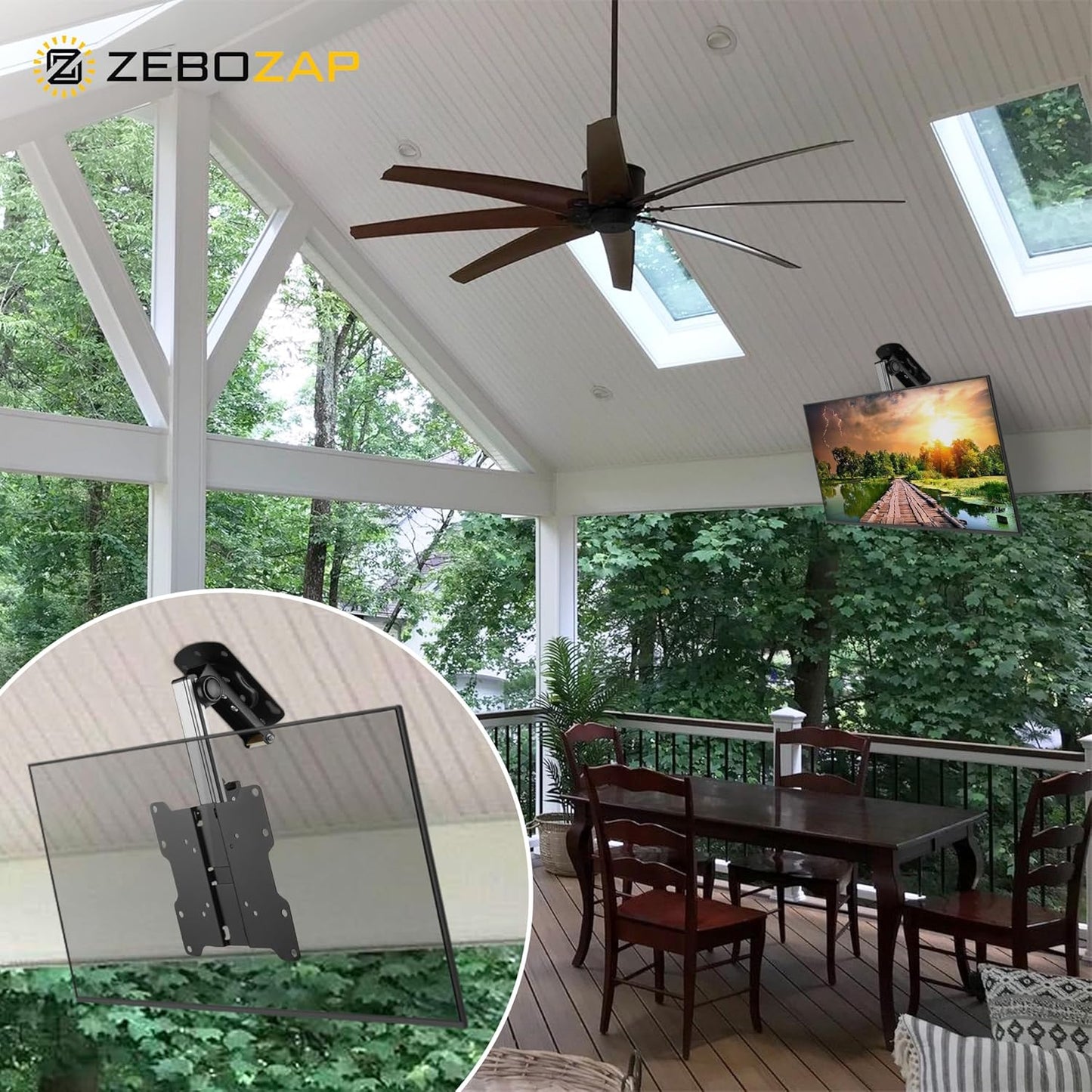 ZeboZap ZZTVC8022 Outdoor Flip Down Ceiling TV Mount | Gazebo TV Mount | Patio TV Mount | Pergola TV Mount | Pitched Roof | Height Adjustable | Under Cabinet| Holds 44lbs | Fits 17-in to 37-in | Black