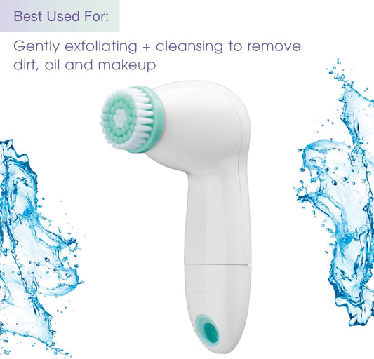True Glow by Conair Battery Operated Facial Cleansing Brush, Water Resistant with 3 Brushes for cleansing + gentle exfoliating for all skin types, White