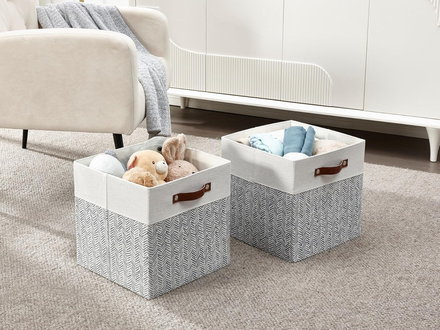DECOMOMO Fabric Cube Storage Bin - Storage Baskets for Shelves, Kallax (Grey & White, 13 inch Cube) - 4 Pack