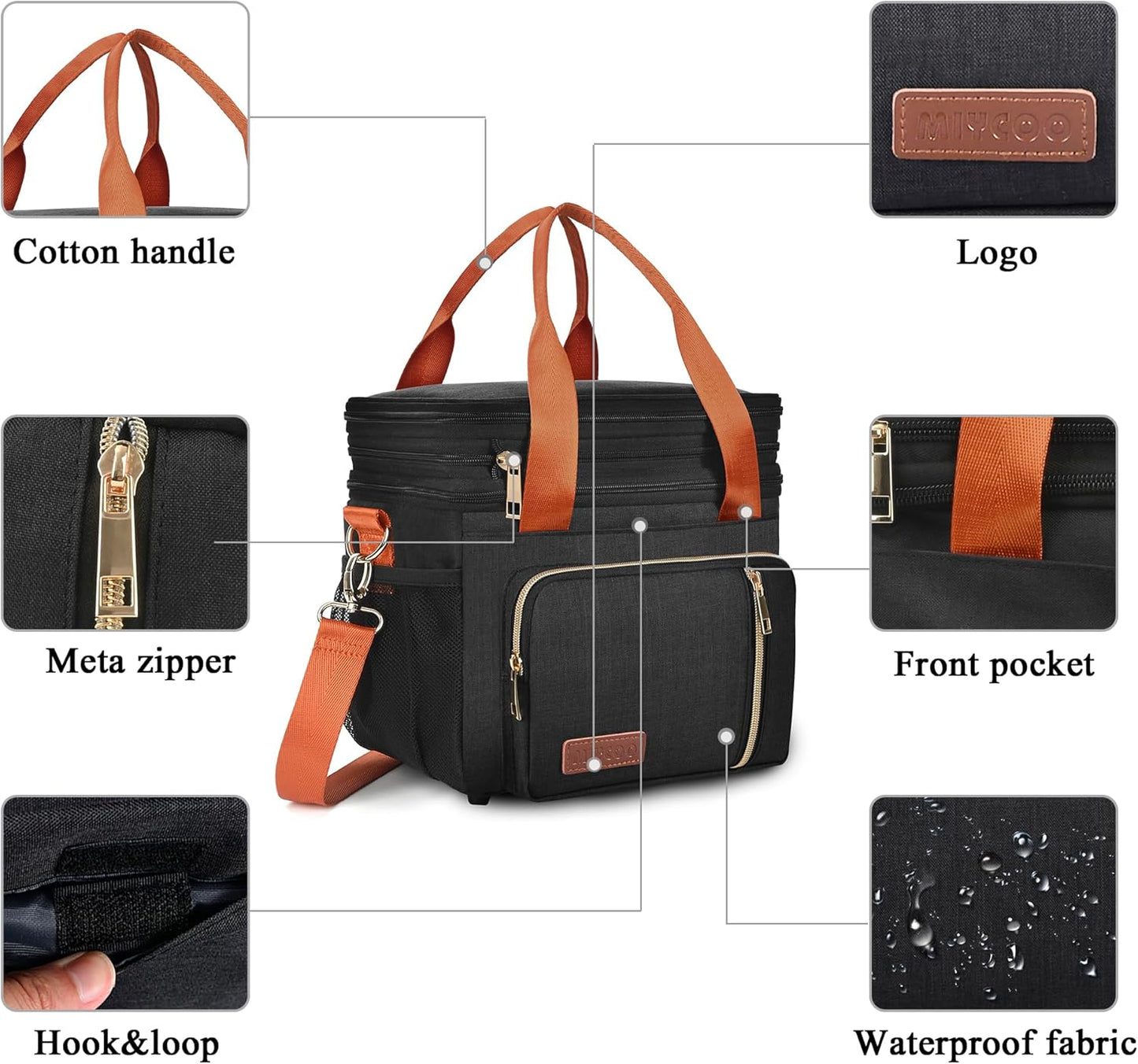 Lunch Bag for Women Men Double Deck Lunch Box - Leakproof Insulated Soft Large Lunch Cooler Bag, MIYCOO (Black,15L)