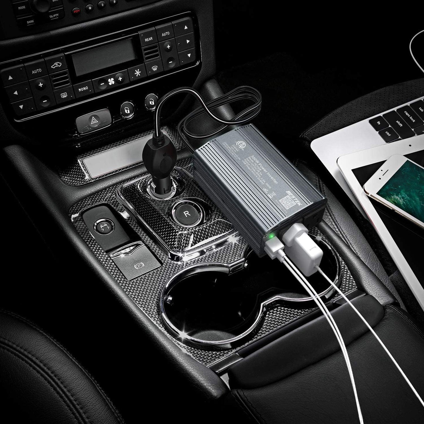 BESTEK Power Inverter DC 12V to AC 110V - 300W Car Plug Adapter Outlet with 4.8A Dual USB Fast Charging Port - Car Charger Cigarette Lighter Adapter for Phone, Laptop on Road Trip - Aluminum Housing