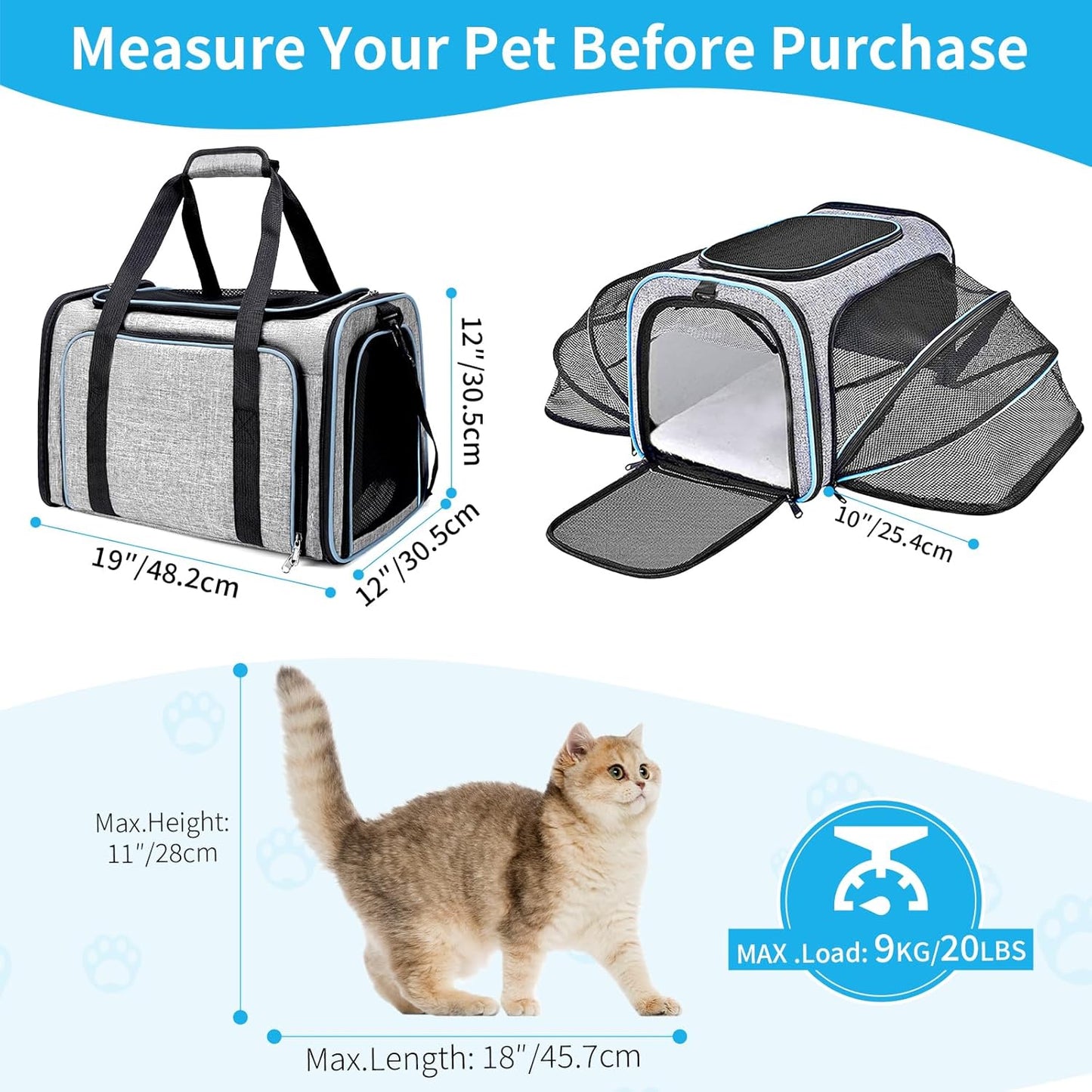 Expandable Cat Carrier,Pet Carrier Airline Approved 5-Side Ventilation Soft Cat Carrier Bag with Removable Fleece Pad and Shoulder Straps Fit Pets (40L x 25W x 25H cm)