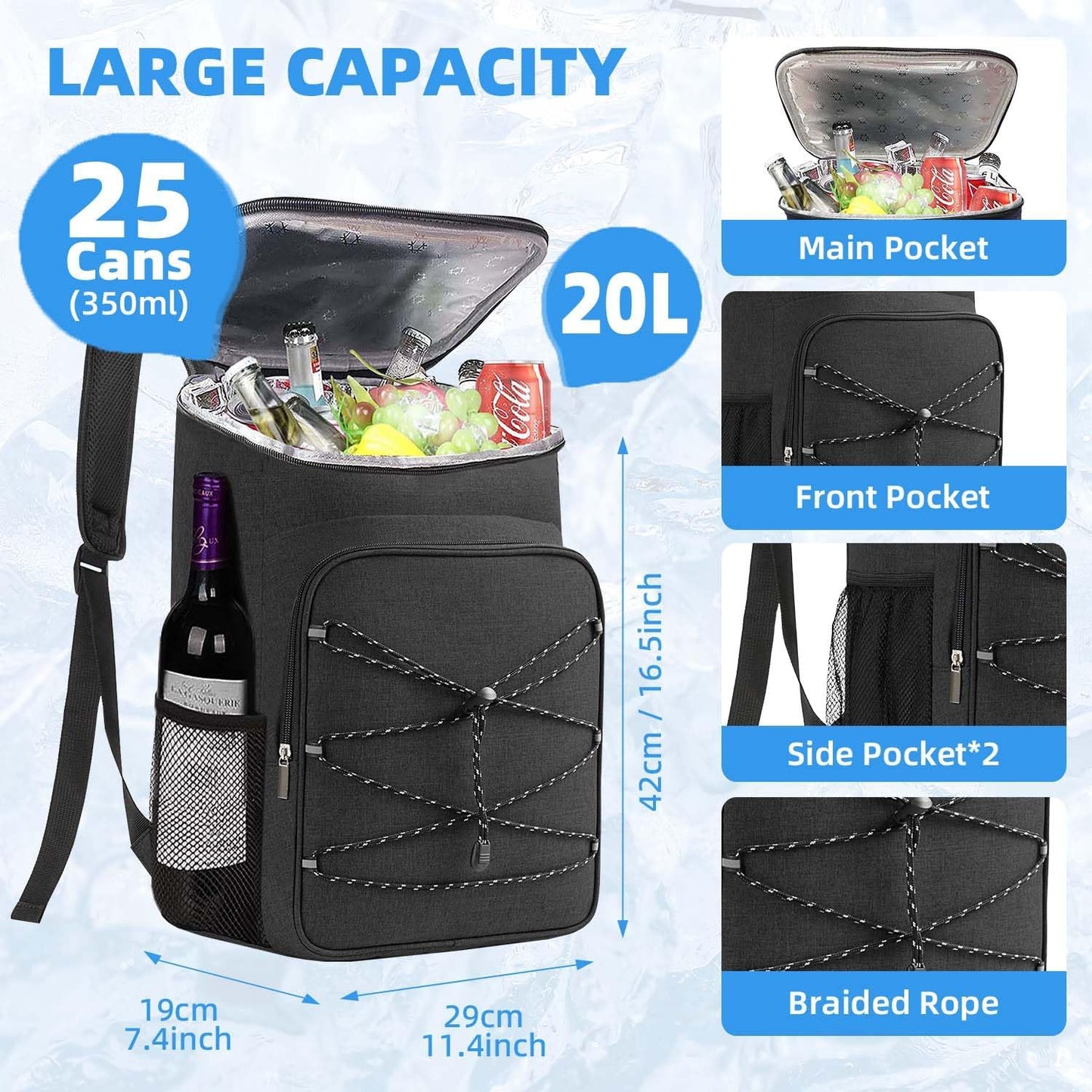 Bagtopia Camping Cooler Backpack 25 Cans, Leak Proof Insulated Thermal Bag, Beach Travel Picnic Lunch Backpack for Men Women