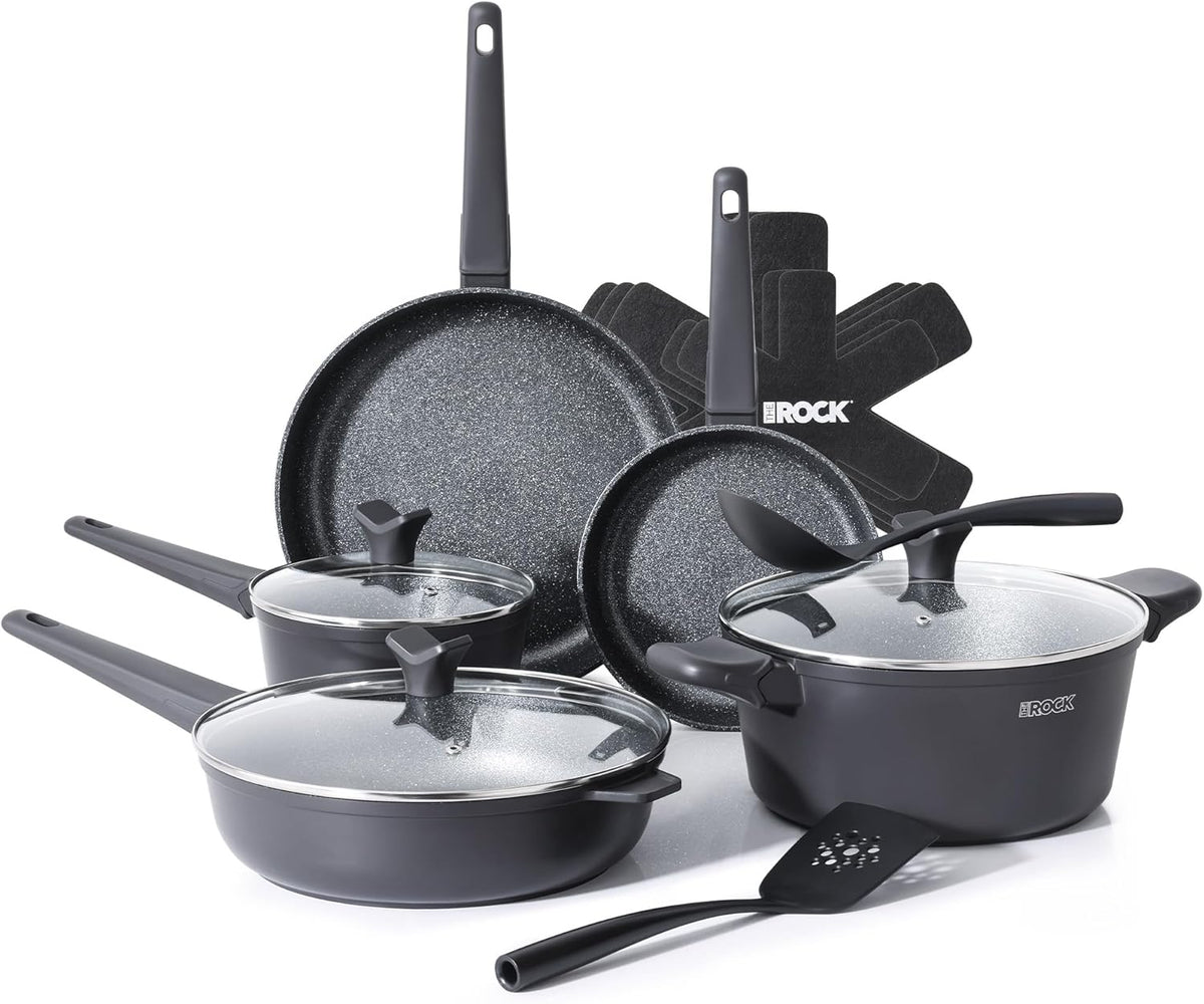 THE Rock SOHO 15Pcs Cookware Set – Pots and Pans Set Non Stick with Rock.TEC – Compact for Urban Kitchens, Nothing Sticks, Never Warps, Lasts Longer, Induction & Dishwasher Safe, Black