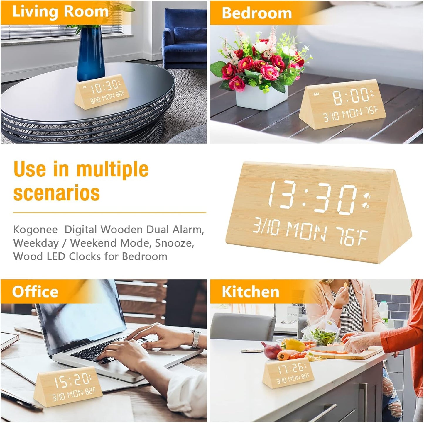 Kogonee Wooden Digital Alarm Clock, 0-100% Dimmer, 2 Alarm Settings, Weekday/Everyday Mode, 9 Mins Snooze, 12/24H, Temperature and Date Display for Office, Travel, Bedroom Alarm Clock (White)