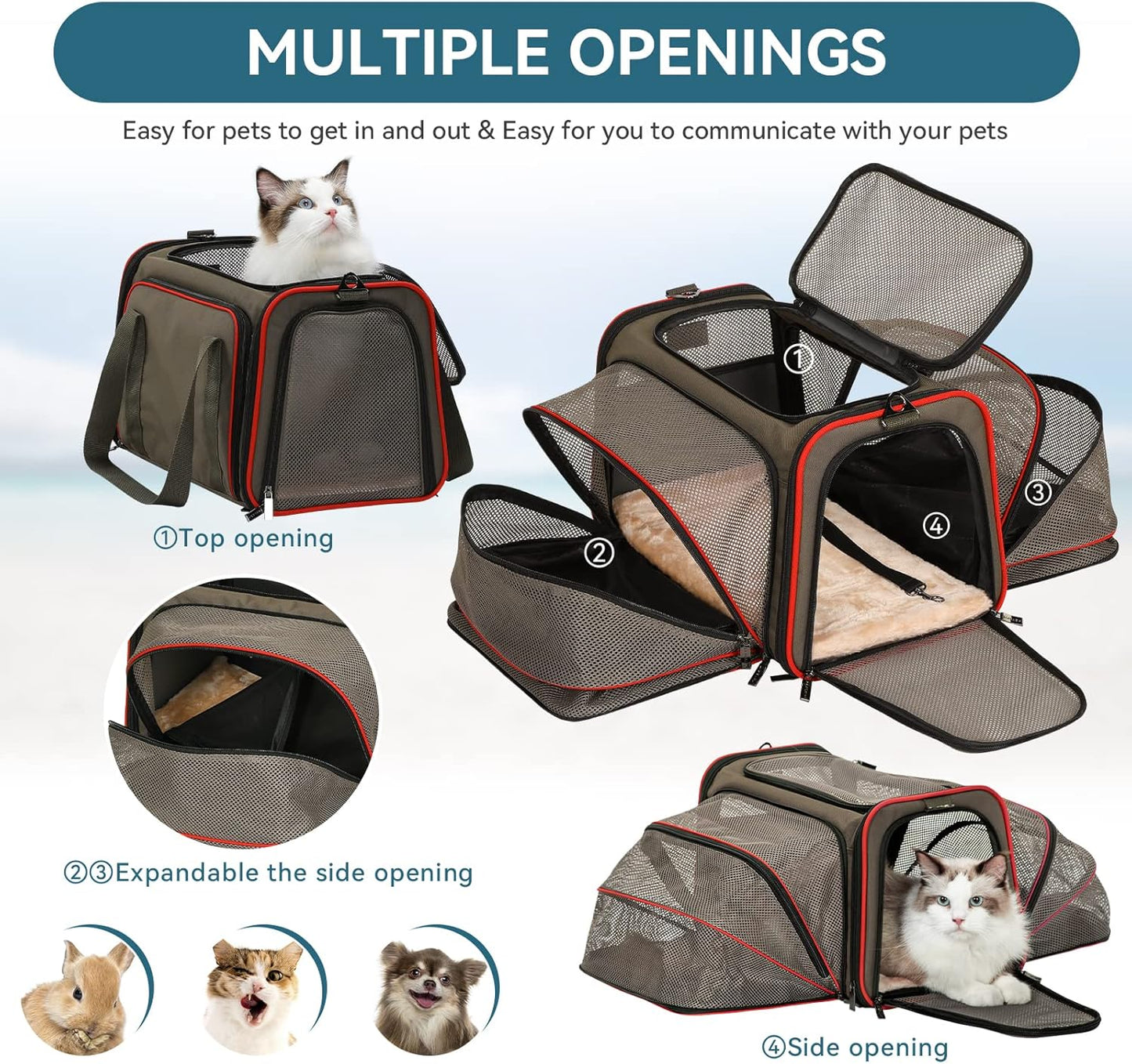 Petsfit Expandable Cat Dog Carrier Airline Approved, 17" L x 11" W x 11" H Soft-Sided Portable Pet Travel Carrier for Kitten, Puppy, Removable Soft Plush Mat and Pockets, Auto-Locking Zippers