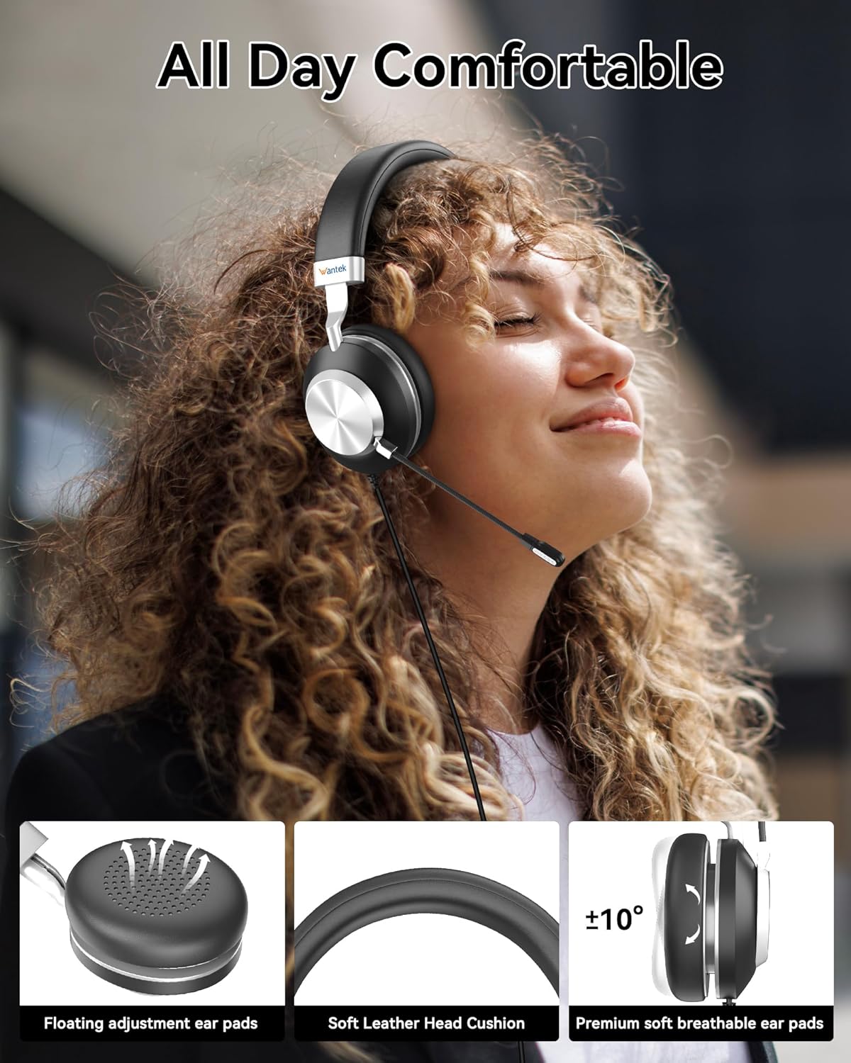 Wantek USB Headset with Microphone for PC, On-Ear Headphones - Computer Laptop Wired Headset with Mic Noise Cancellation & Volume Control for Work Home Office Online Classroom Zoom Skype