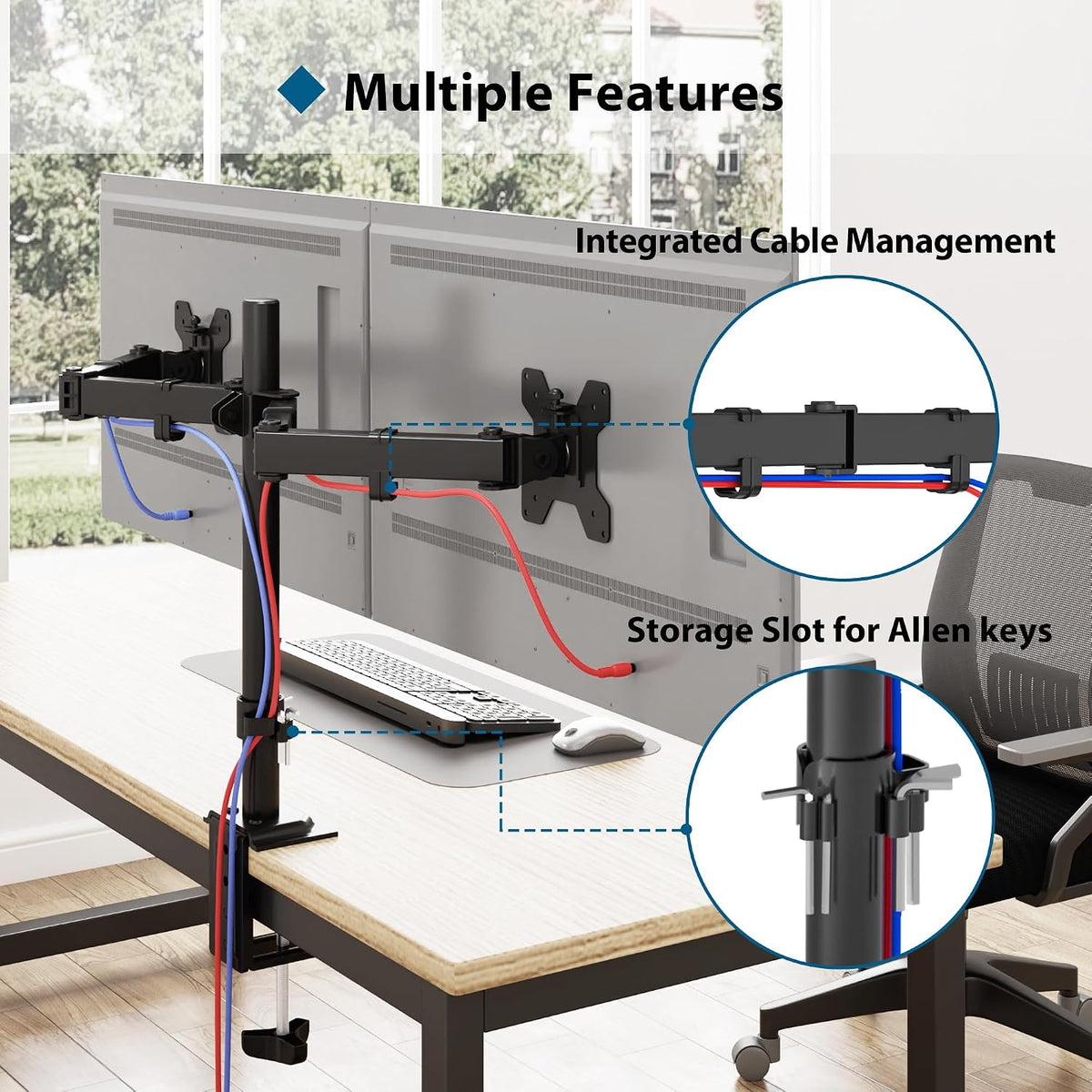 BONTEC Dual Monitor Arm for 13-32 inch LCD LED PC Screens, Height Adjustable 360° Rotation, 90° Tilt and Swivel, 22 lb per Arm, Desk Clamp or Grommet Mount, Cable Management,Black