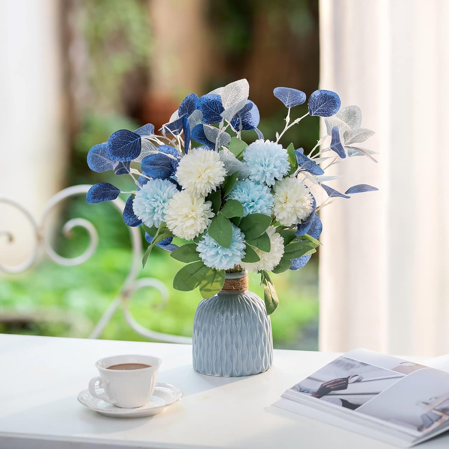 BLOSMON White Fake Flowers with Vase: Small Coffee Table Decor Bathroom Hydrangea Faux Flowers in Vase Office Desk Shelf Home Living Room Bedroom Vanity nightstand Decorations Floral Arrangement