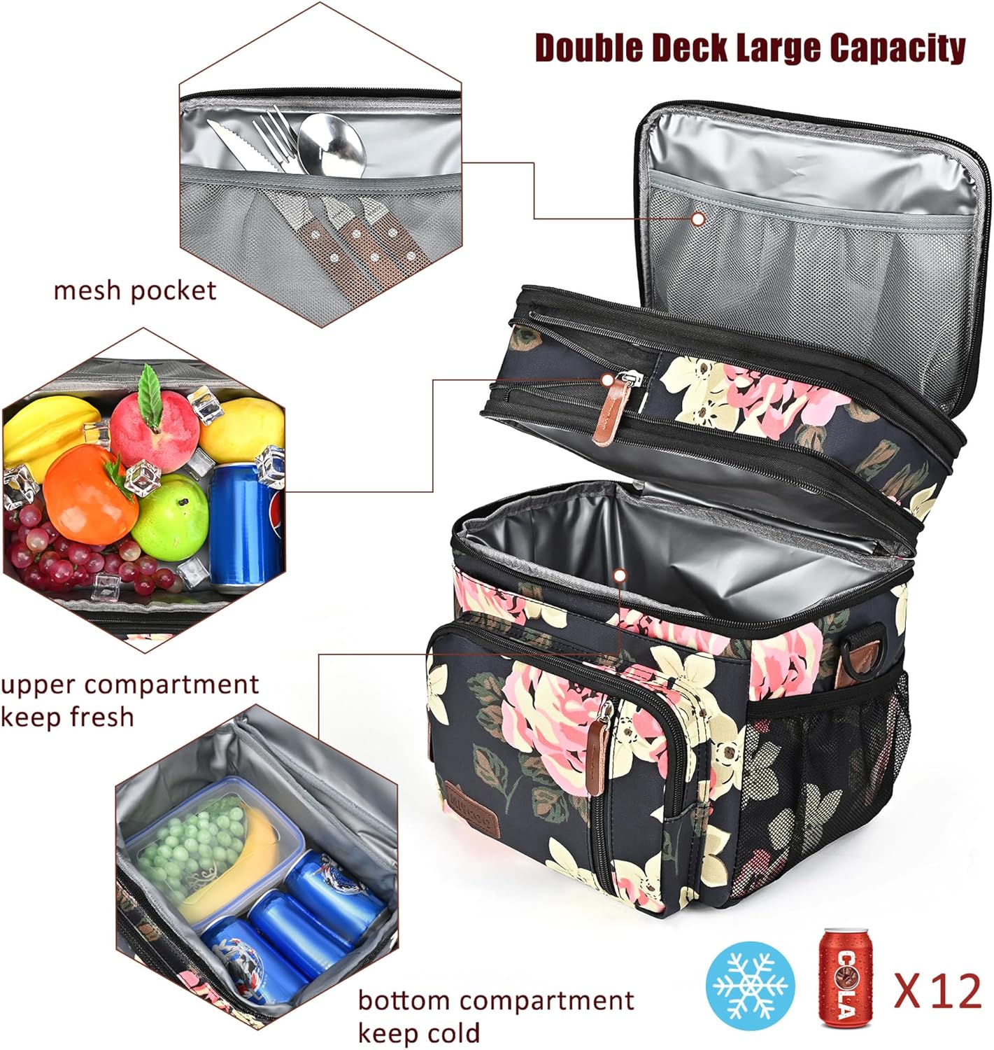 Lunch Bag for Women Men Double Deck Lunch Box - Leakproof Insulated Soft Large Lunch Cooler Bag, MIYCOO (Black,15L)