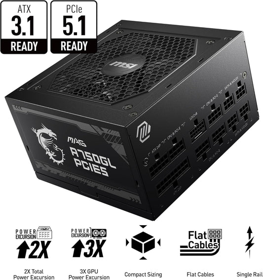 MSI MAG A750GL PCIE 5 Gaming Power Supply - Full Modular - 80 Plus Gold Certified 750W - Compact Size - ATX PSU - PuriLite