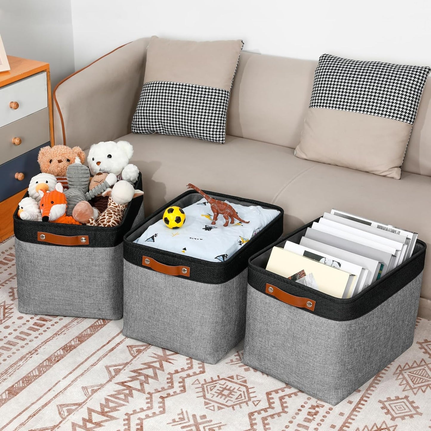 DULLEMELO Storage Baskets for Shelves, Fabric Collapsible Rectangular Storage Bins for Shelves, Closets, Nursery, Home, Office, Empty Gift Baskets (White&Teal)