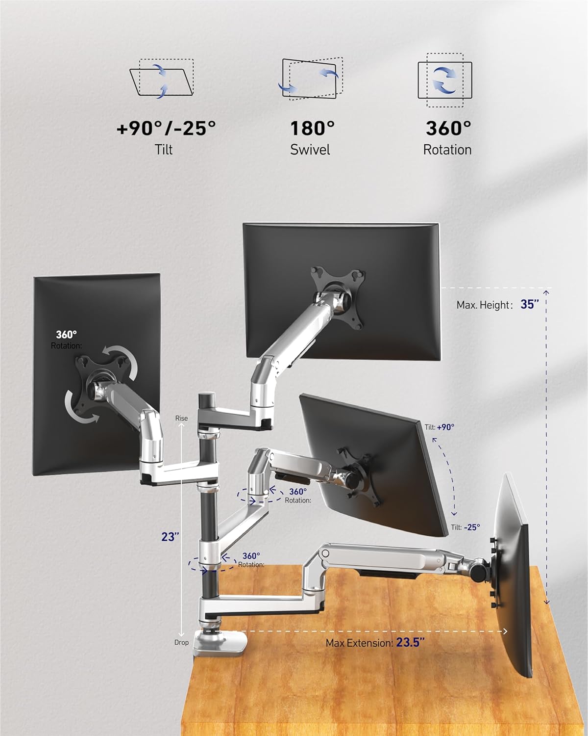 ErgoUnion Dual Monitor Stand for Desk, Vertical Dual Monitor Mount with Wide Range of Motion, Dual Monitor Arm for 17-40" Screen up to 25 lbs Each, Computer Monitor Stand for 2 Monitors - Black