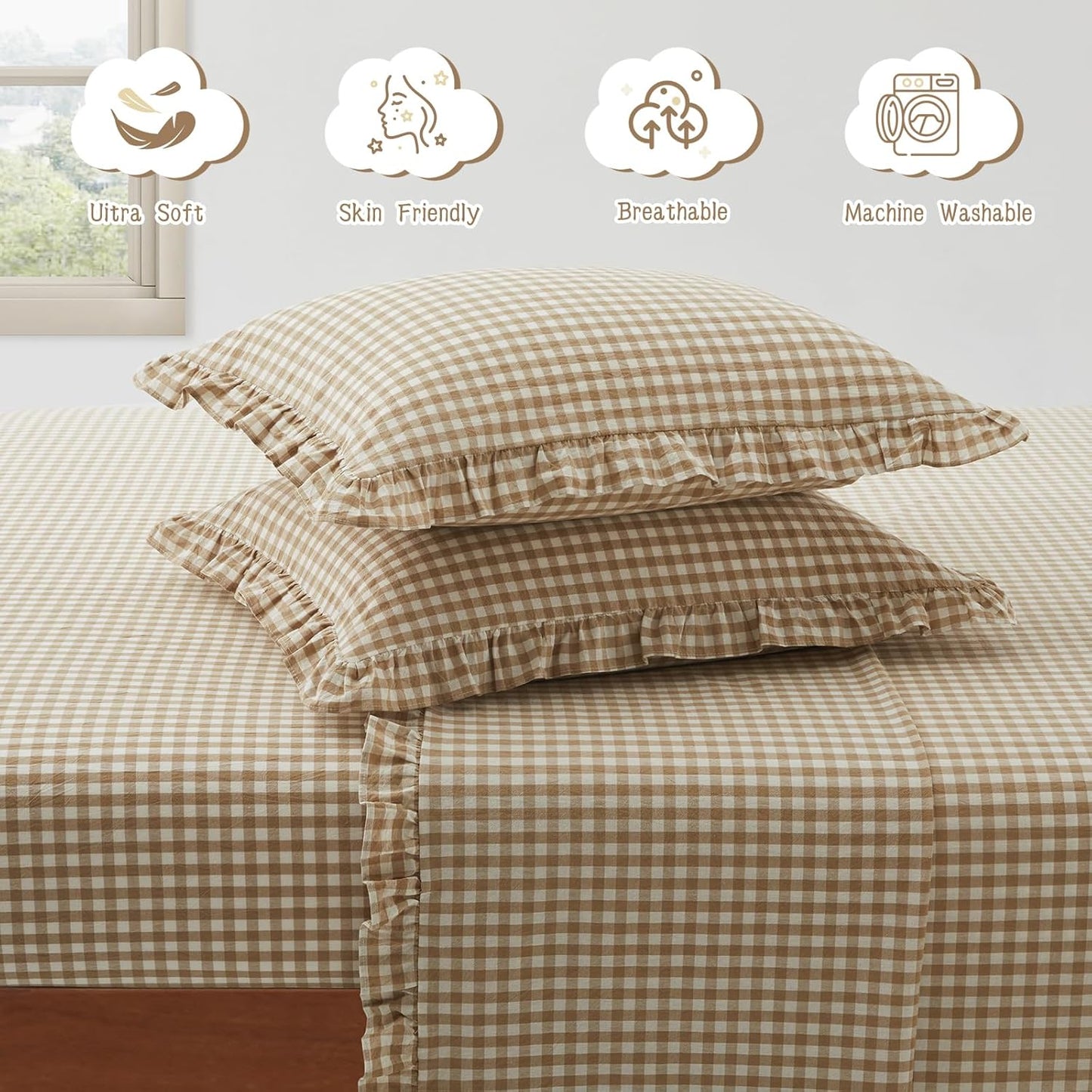 KKJIAF 3 Pieces Plaid Ruffle Twin Bed Sheets, Gingham Twin Sheet Set Comfy Breathable Ruffed Bed Sheet Set with 16 Inch Deep Pocket, Dusty Blue