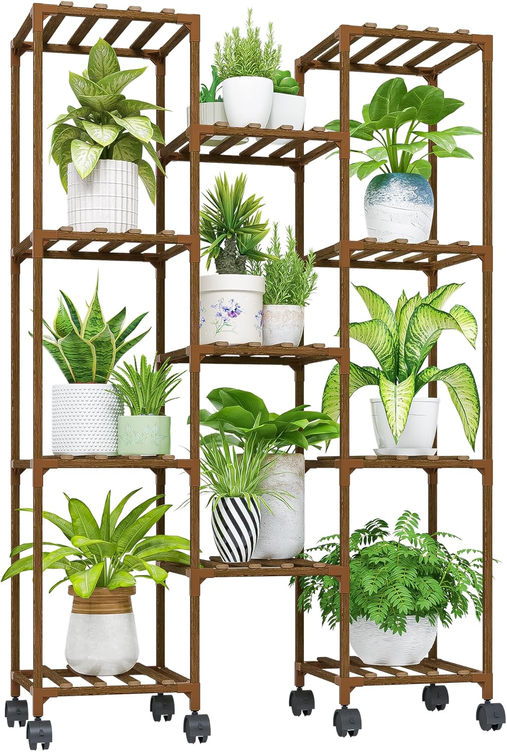 Bamworld Plant Stand Indoor Outdoor Hanging Plant Shelf for Multiple Plants Pots Wood Flower Stand Tall Large Flower Holder for Living Room, Patio, Balcony, Garden Decor, Brown