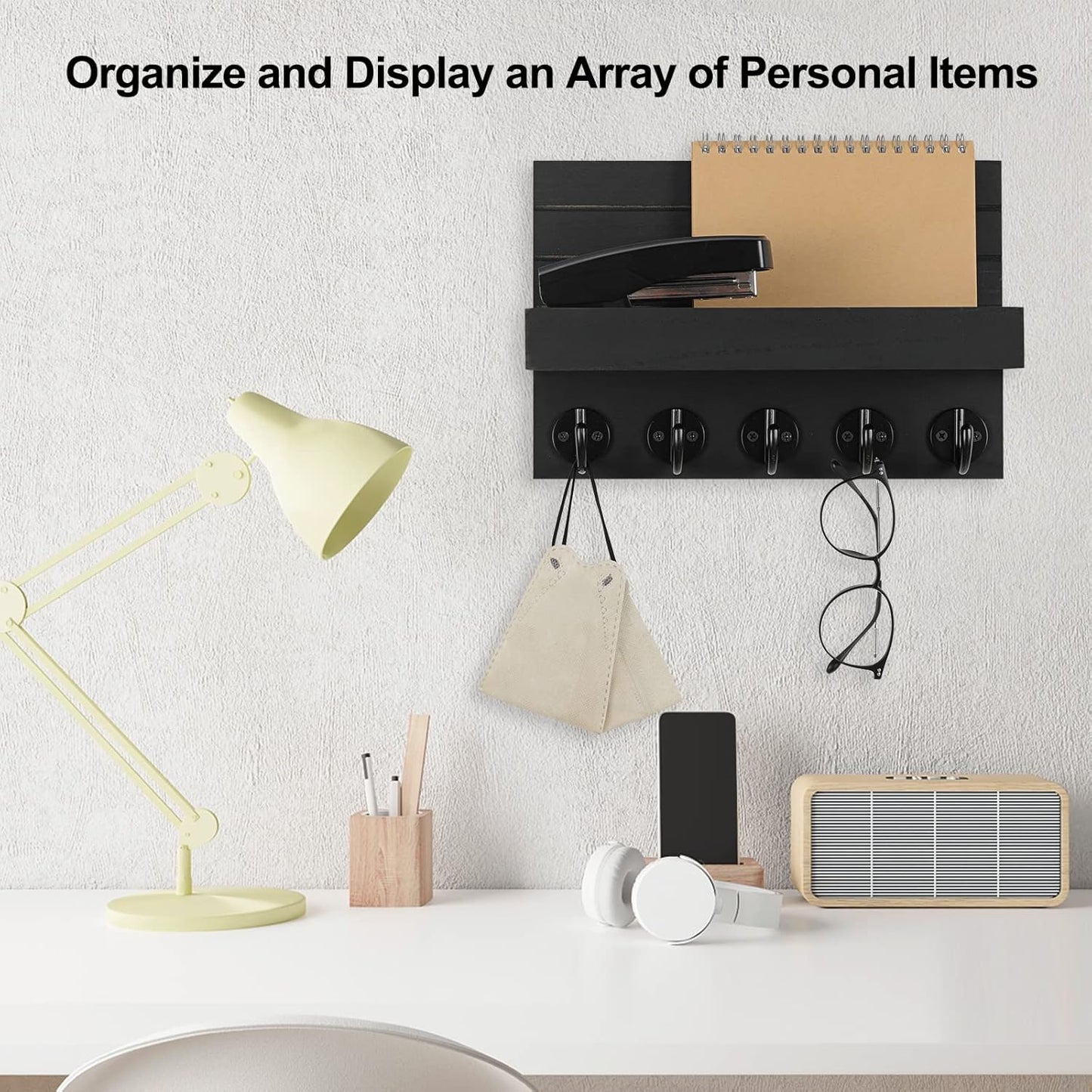 Lwenki Key Holder for Wall, Decorative Key and Mail Holder with Shelf Has Large Key Hooks for Bags, Coats, Umbrella – Paulownia Wood Key Hanger with Mounting Hardware (Black)