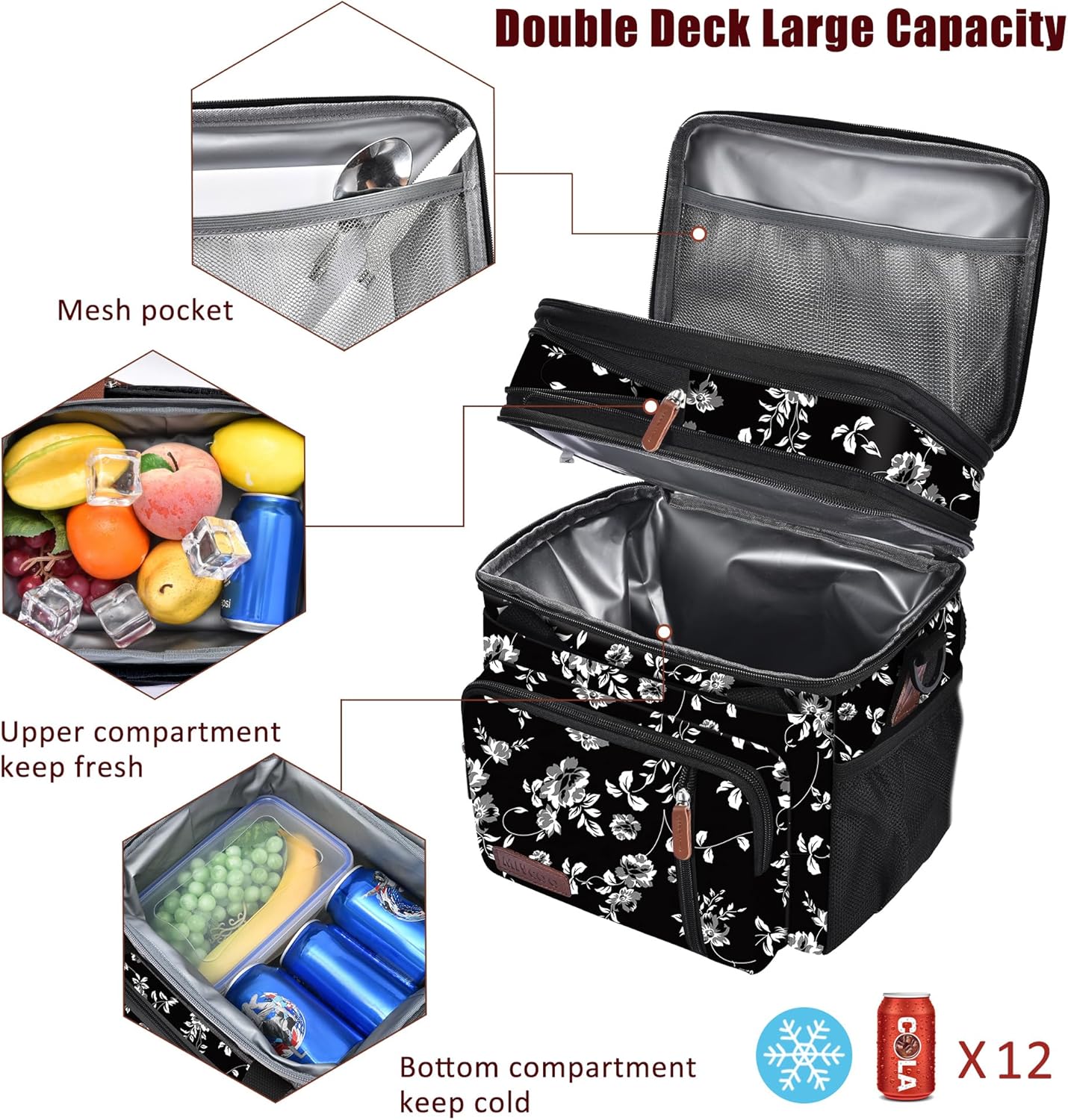 Lunch Bag for Women Men Double Deck Lunch Box - Leakproof Insulated Soft Large Lunch Cooler Bag, MIYCOO (Black,15L)