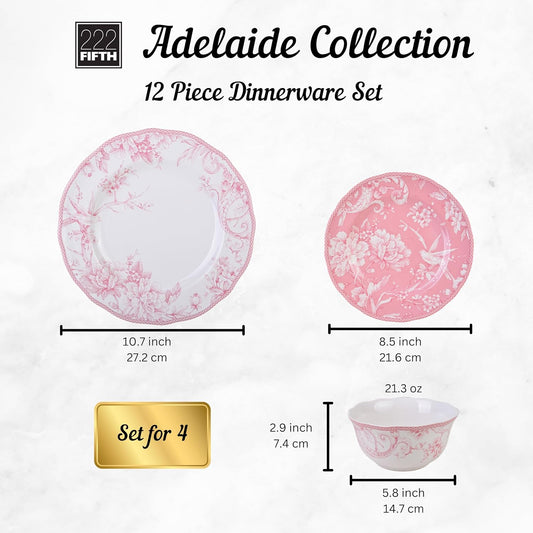 222 Fifth Adelaide Blush 12-Piece Pink Porcelain Dinnerware Set – Service for 4, Plate & Bowl Set, White with Pink Floral Pattern, for Daily Dining & Entertainment, Microwave & Dishwasher Safe