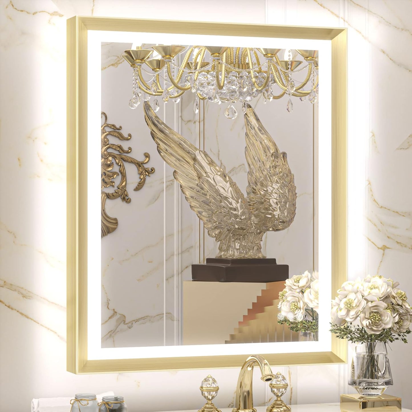TETOTE 28x36 LED Mirror for Bathroom Black Metal Frame Frontlit & Backlit Lighted Vanity Mirror Baroque Gothic Anti Fog Stepless Dimmable White/Warm/Natural,Wall Mounted(Horizontal/Vertical)