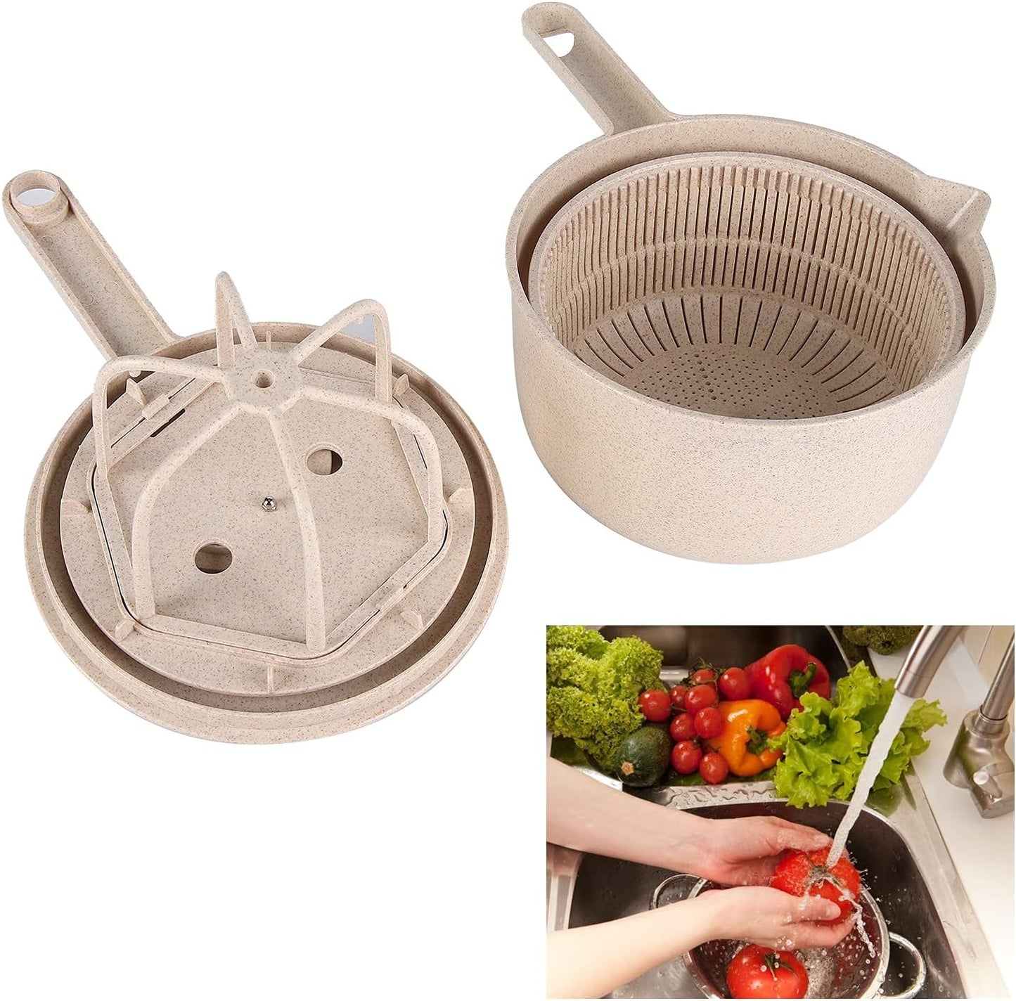 Cyrank Large Salad Spinner with Drain, Lettuce Washer, Vegetable Washing Bowl Set, Manual Vegetables Rice Washing Tool for Kitchen, Beige