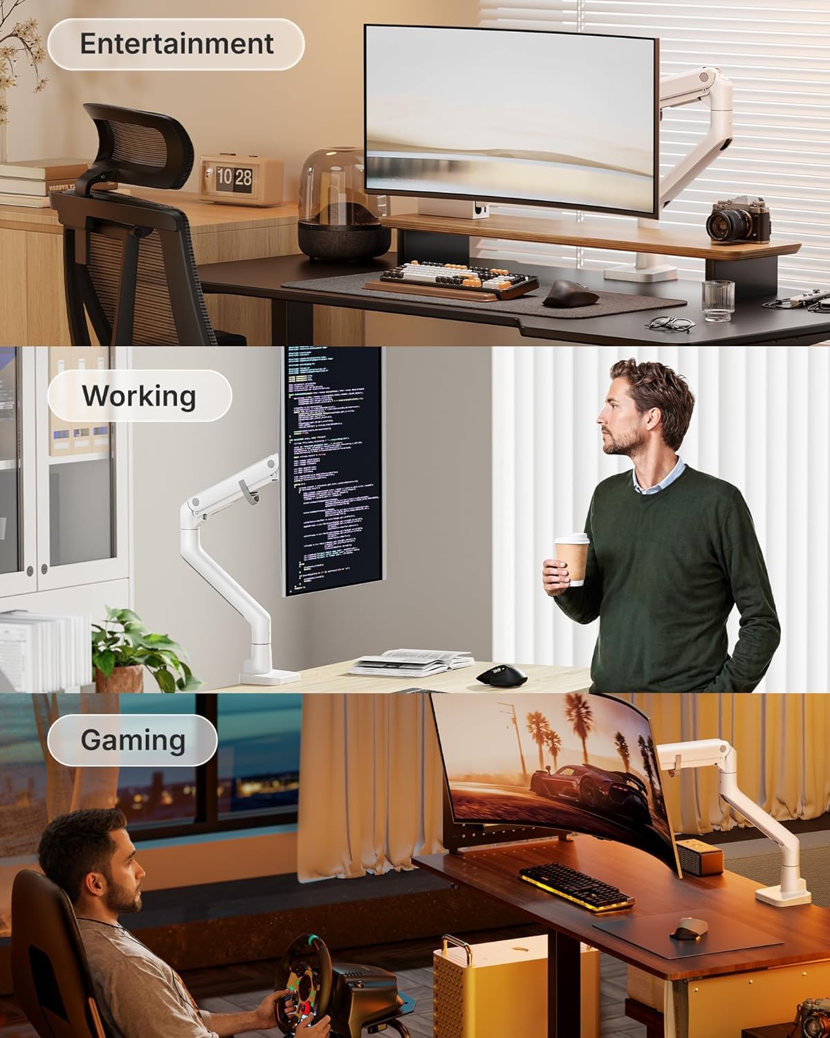 monTEK Heavy-Duty Monitor Arm for 17-57" Ultrawide Curved Screen, Supports up to 59.4 lbs, Adjustable Gas Spring Arm, 75/100 VESA Mount, Clamp & Grommet Desk Monitor Mount Single, Black
