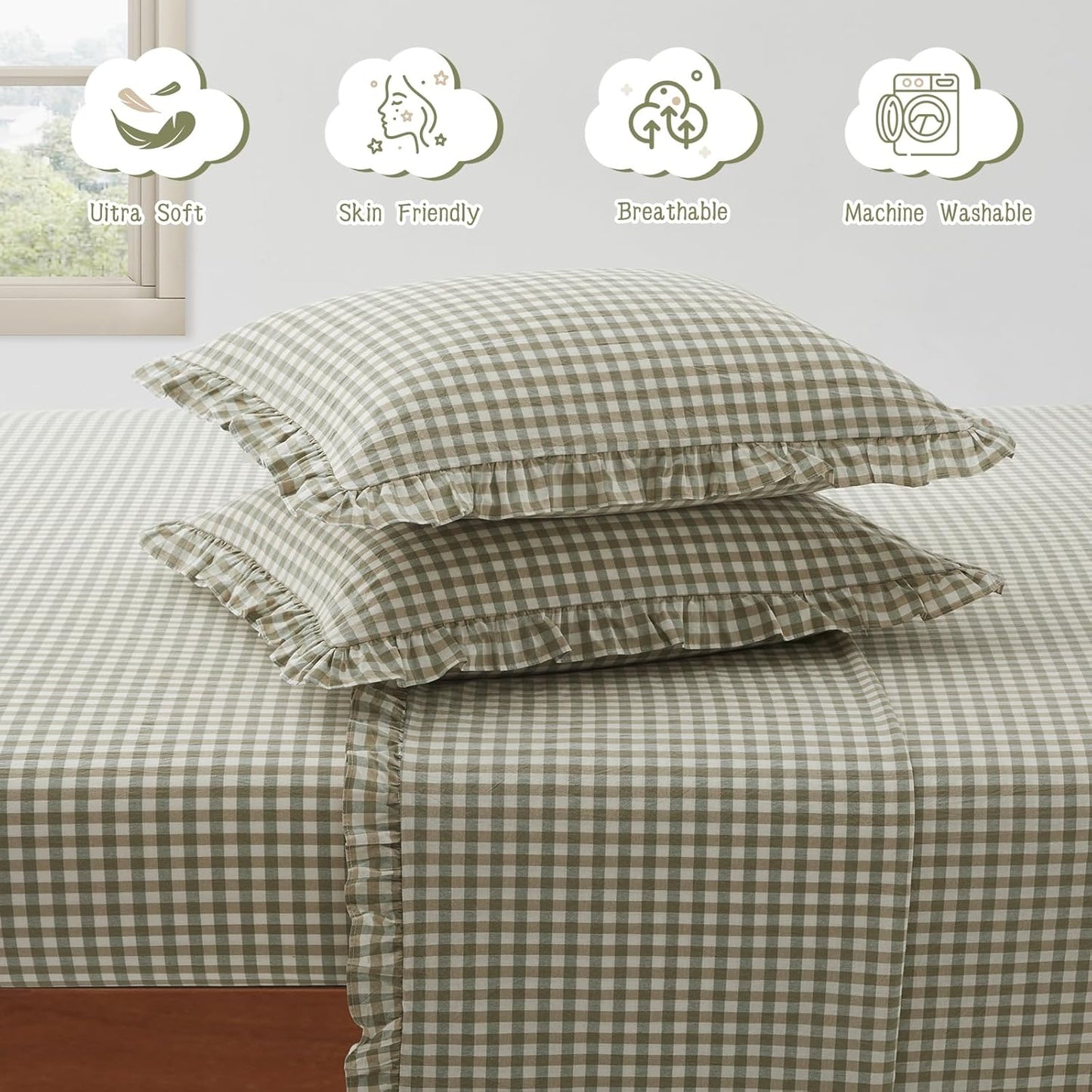 KKJIAF 3 Pieces Plaid Ruffle Twin Bed Sheets, Gingham Twin Sheet Set Comfy Breathable Ruffed Bed Sheet Set with 16 Inch Deep Pocket, Dusty Blue