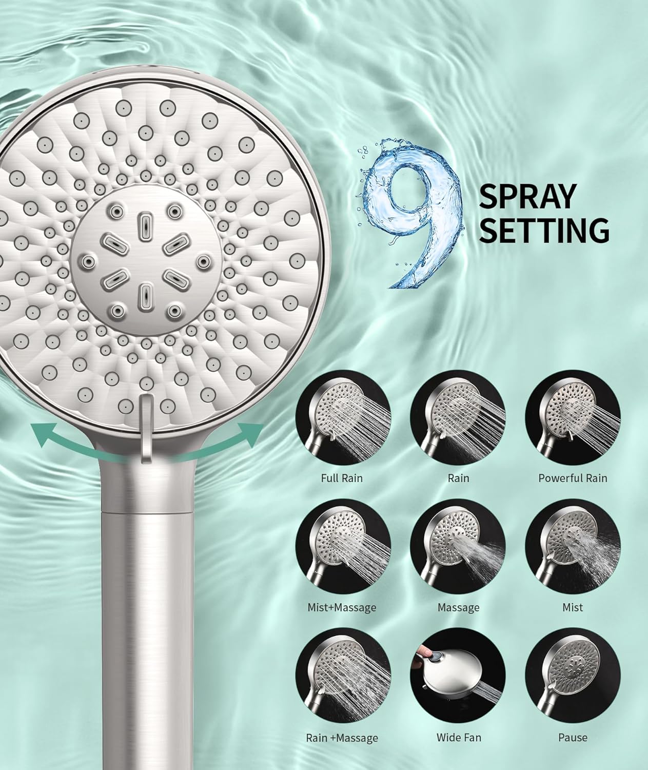 Filtered Shower Head with Handheld, High Pressure 9 Spray Mode Chrome Showerhead with Filters,Detachable Shower Head,Water Softener Filters Beads for Hard Water -Remove Chlorine