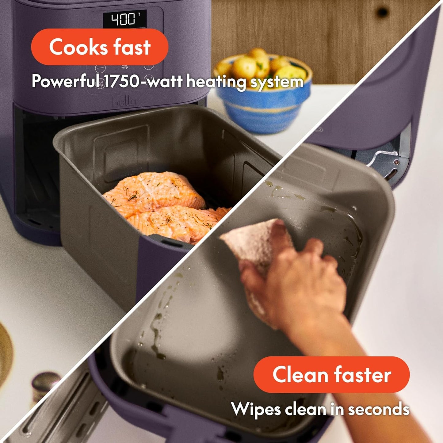 bella 4Qt Slim Air Fryer, Fits-anywhere Kitchenware, EverGood Ceramic Nonstick Coating, Adjustable Temperature, 6 Preset Cooking Options, 60 Min Auto Shutoff w Audible Tone, 3.3lb Capacity, Surf