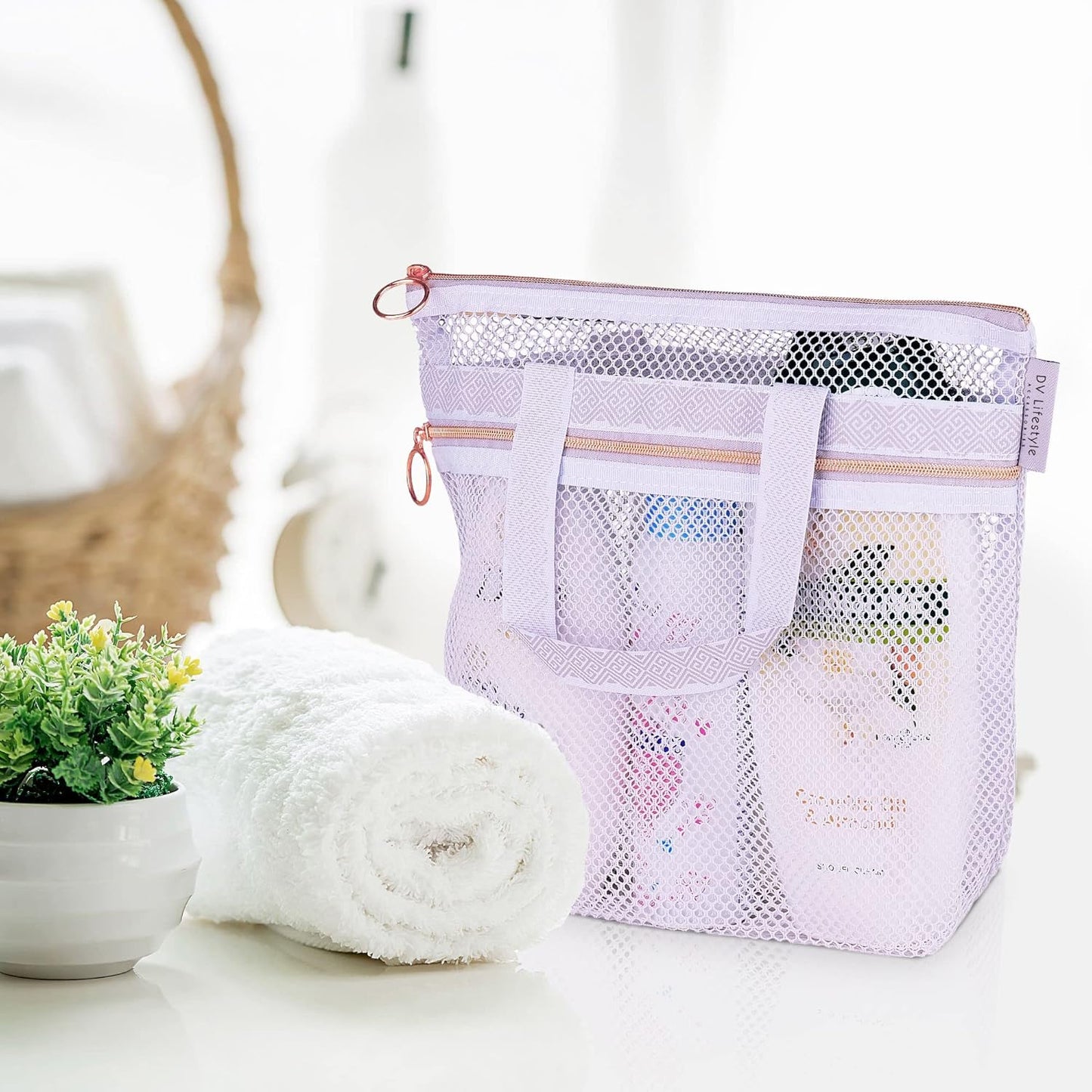Mesh Shower Caddy Portable 10.2x9.9'' Shower Bag with Zipper & 2 Pockets. Shower Tote Ideal for Gym, Travel, Camp, Beach, for Sunscreen, Dorm & College Essentials (Black)