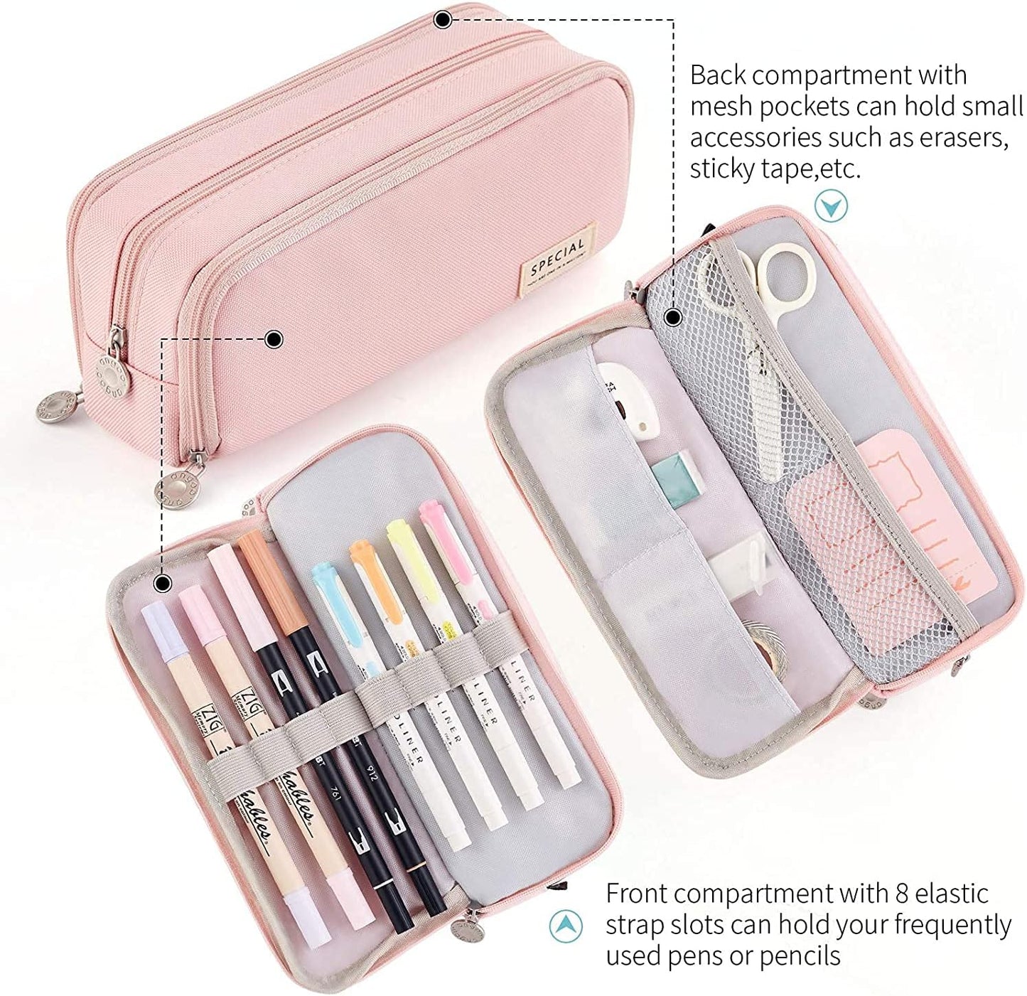 Big Capacity Pencil Case, OLIYuMi 3 Compartment Pencil Pouch Pencil Bag Storage Box Stationery Organizer Makeup Bag with Zipper Closure for Student Office College Boys and Girls (Pink)