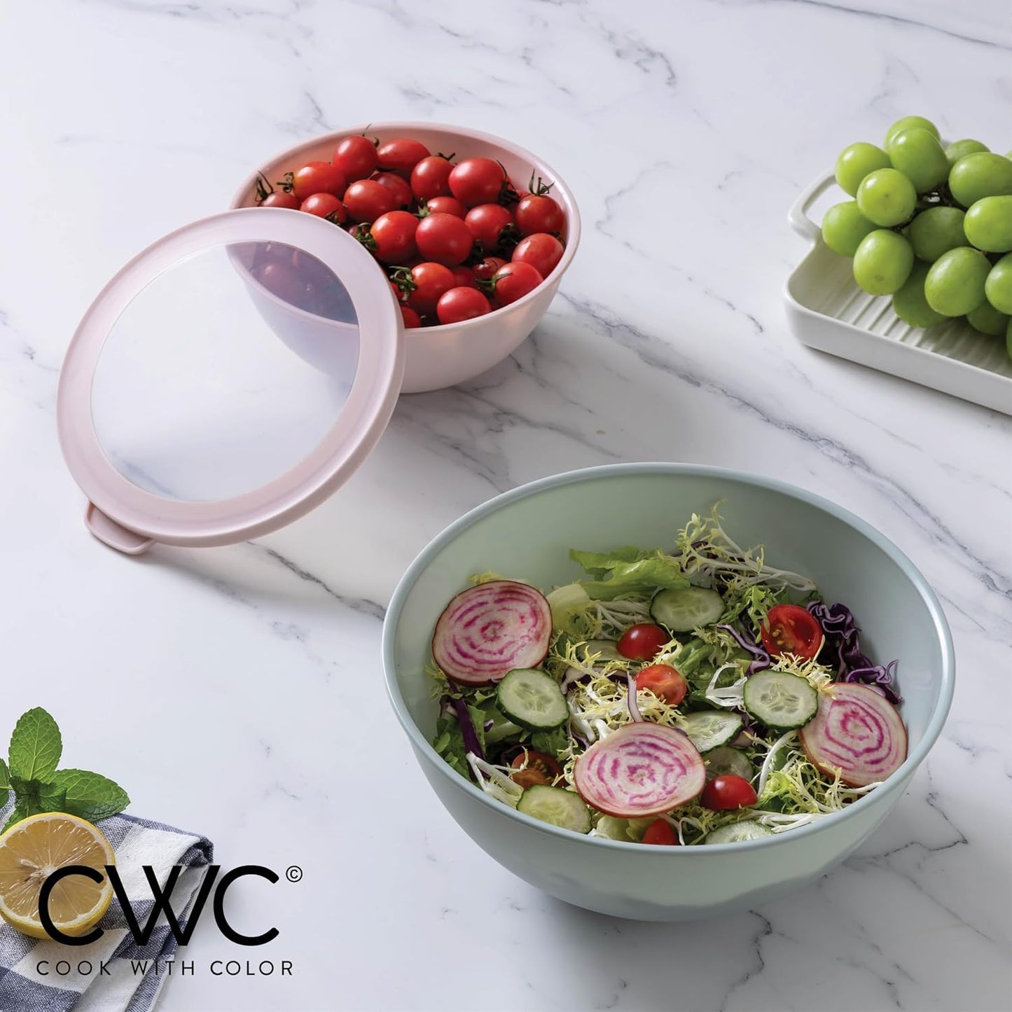 COOK WITH COLOR Mixing Bowls with TPR Lids - 12 Piece Plastic Nesting Bowls Set Includes 6 Prep Bowls and 6 Lids, Microwave Safe Mixing Bowl Set (Mint)