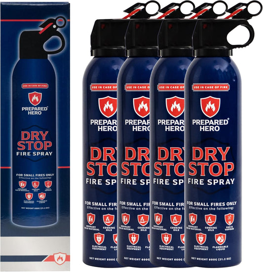 Dry Stop Fire Spray by Prepared Hero - 4 Pack - Portable Fire Extinguisher for Home, Car, Garage, Kitchen - Works on Electrical, Grease, Battery Fires & More - Compact, Easy to Use