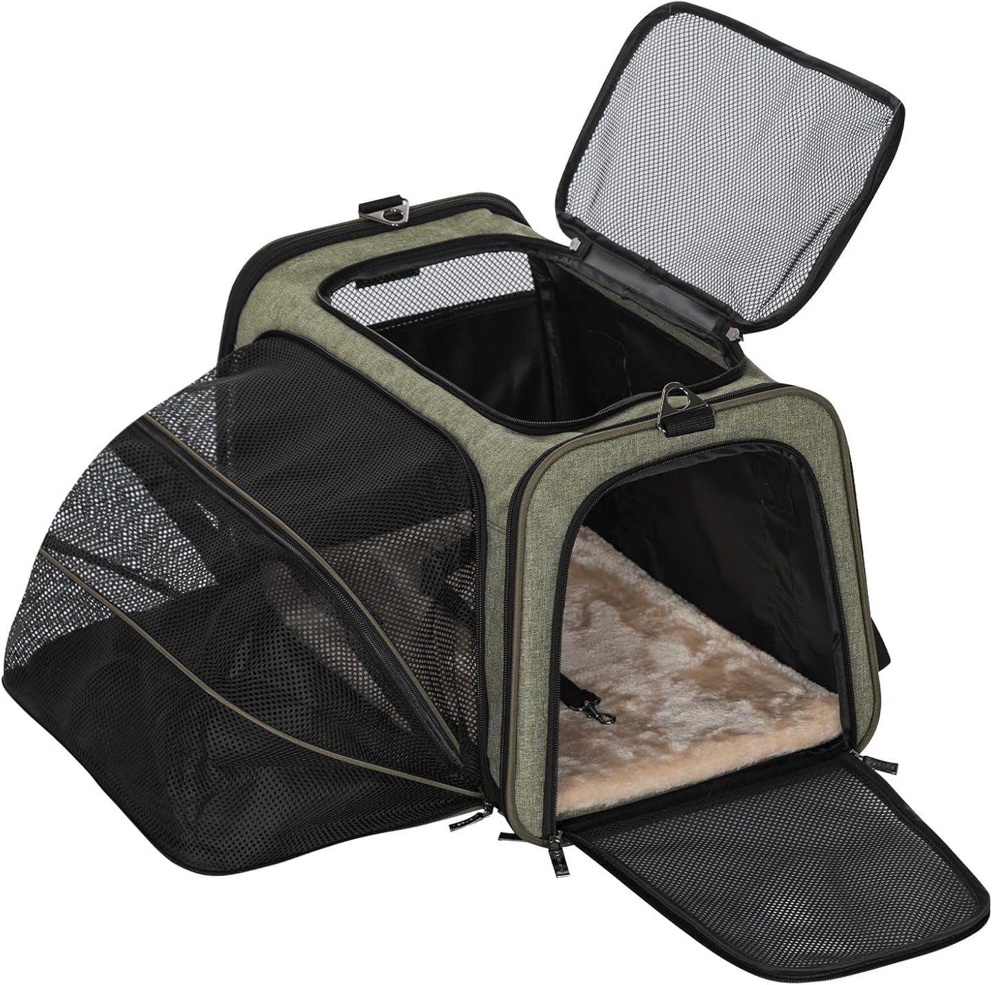 Petsfit Expandable Cat Dog Carrier Airline Approved, 17" L x 11" W x 11" H Soft-Sided Portable Pet Travel Carrier for Kitten, Puppy, Removable Soft Plush Mat and Pockets, Auto-Locking Zippers