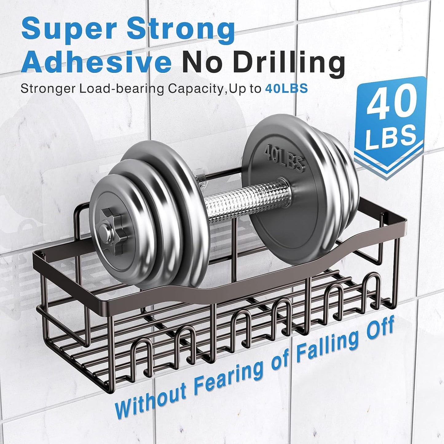 EUDELE 5-Pack Rustproof Stainless Steel Shower Caddy – No Drill Adhesive Bathroom Organizer with Large Capacity, Spacious Shower Shelves for Inside Shower, Kitchen & Home Decor Storage - PuriLite
