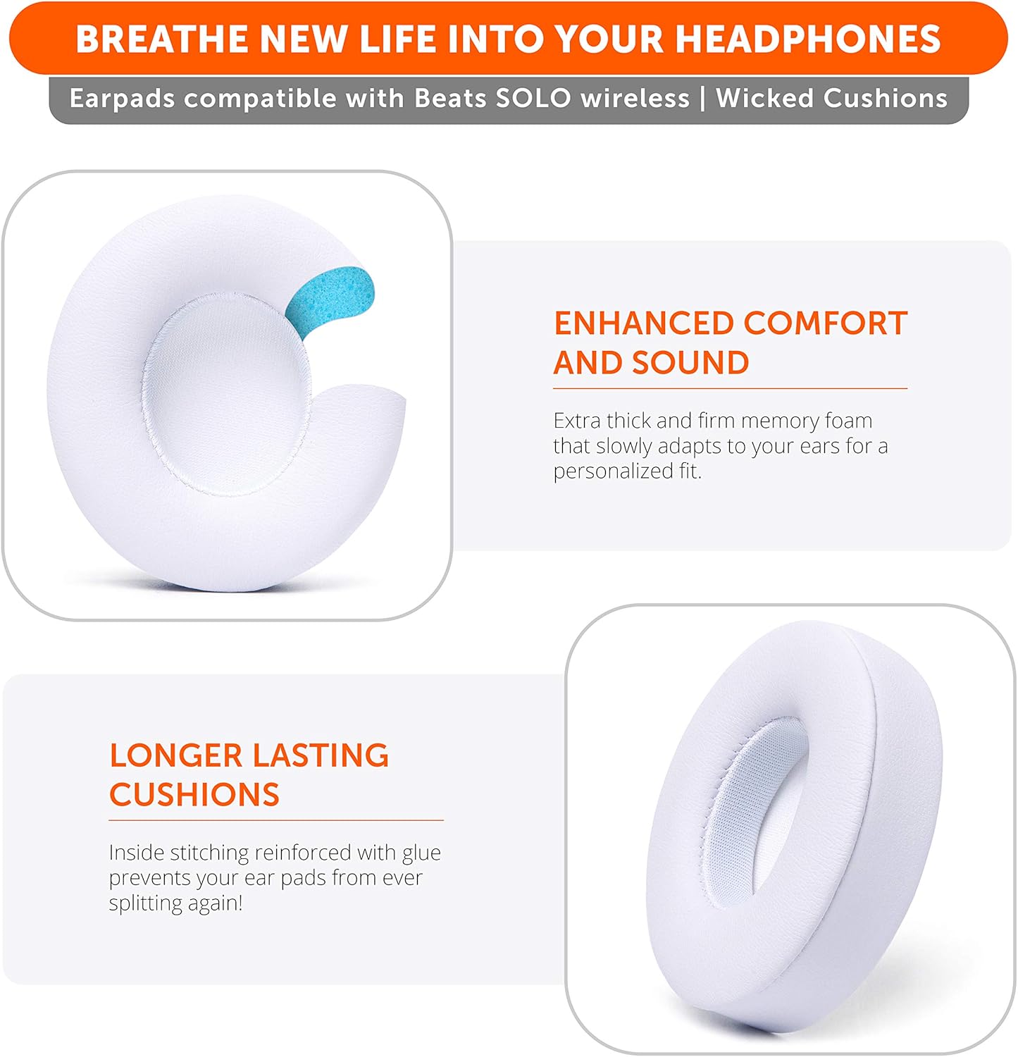 WC Extra Thick Replacement Earpads for Beats Solo 2 & 3 by Wicked Cushions - Ear Pads for Beats Solo 2 & 3 Wireless ON-Ear Headphones - Soft Leather, Luxury Memory Foam, Strong Adhesive | White