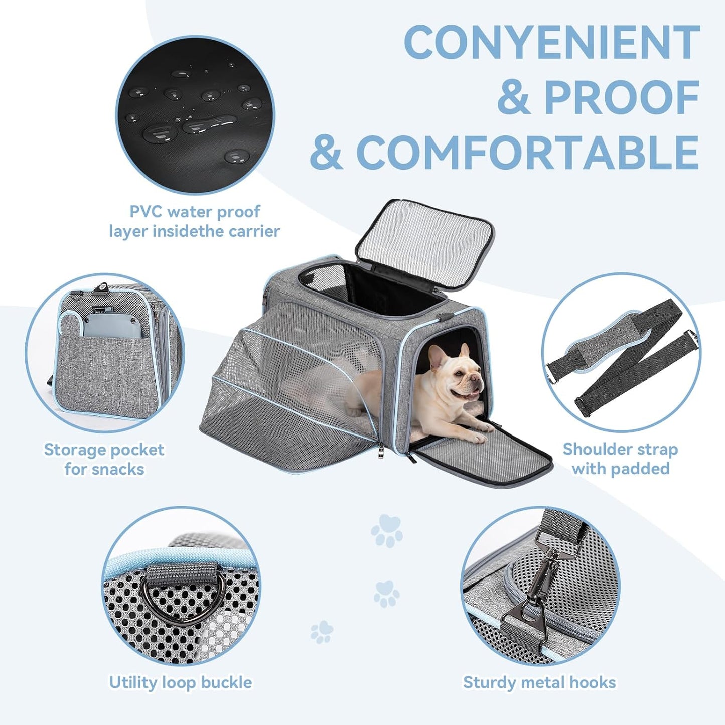 Petsfit Expandable Cat Dog Carrier Airline Approved, 17" L x 11" W x 11" H Soft-Sided Portable Pet Travel Carrier for Kitten, Puppy, Removable Soft Plush Mat and Pockets, Auto-Locking Zippers