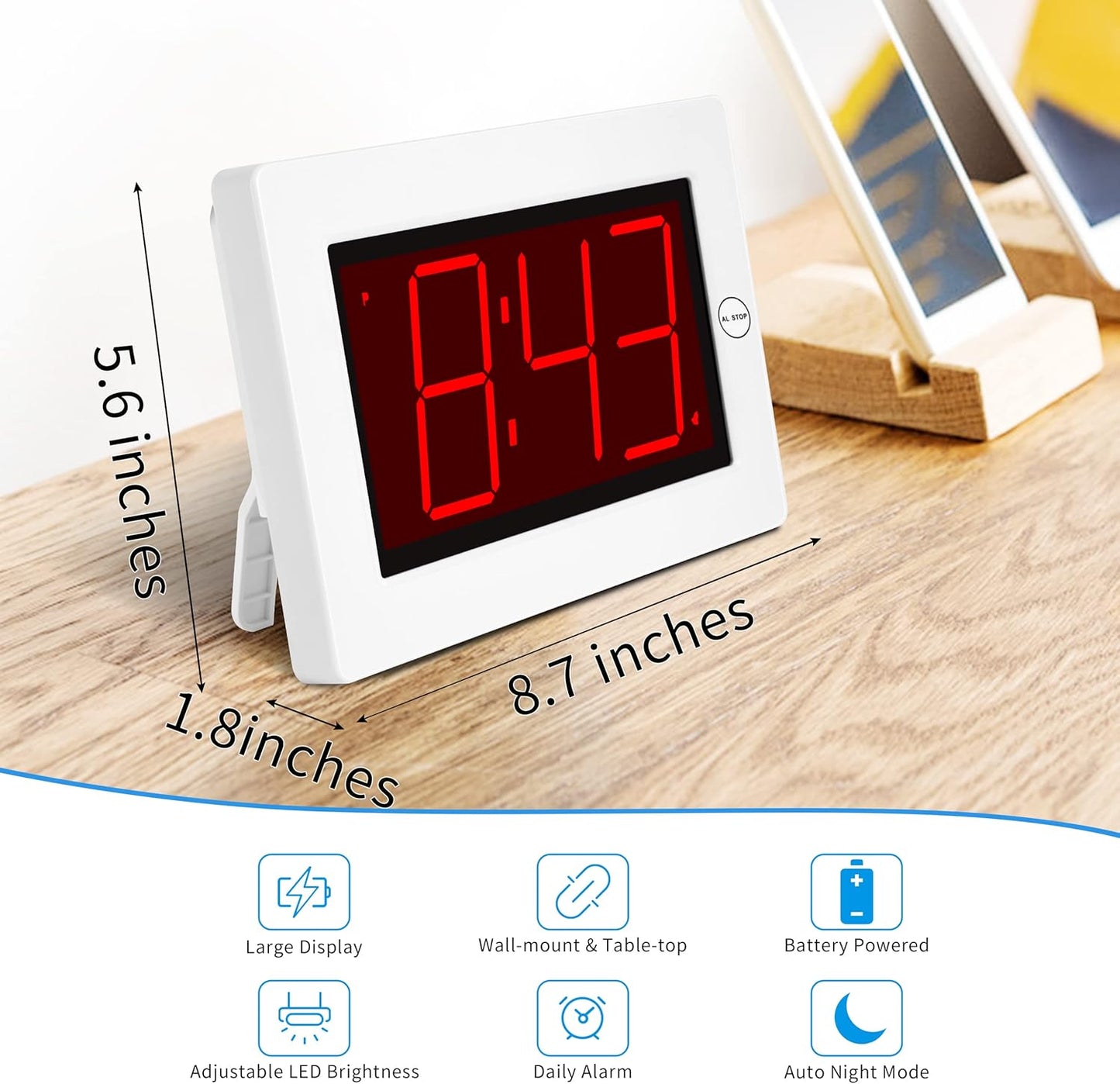Wall Clock, Digital Clock, 8" Extra Large Display, 3" Big LED Number, Battery Operated, Adjustable Brightness, Clock for Bedroom, for Desk, Wall Mounted