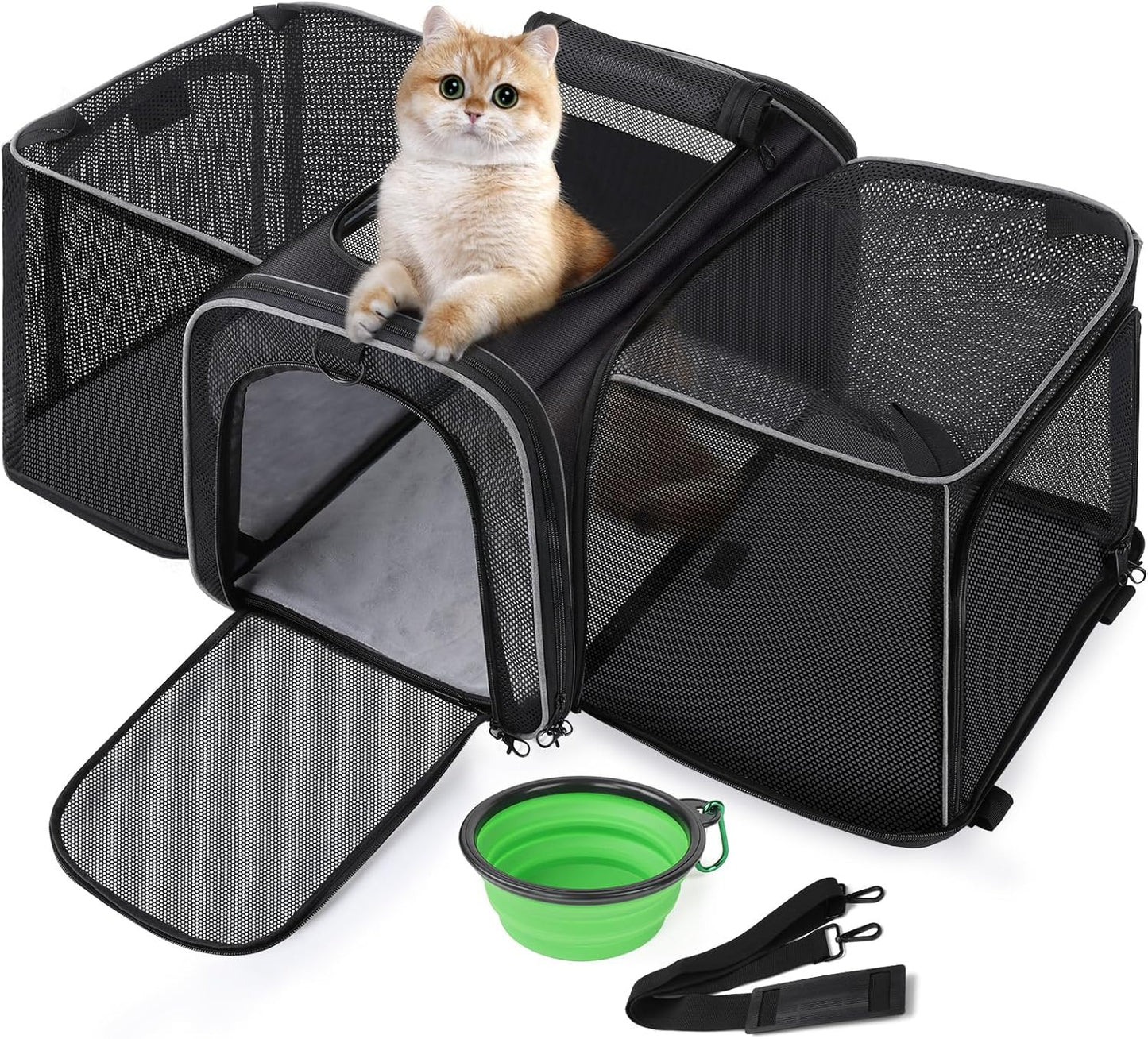 Pecute Cat Carrier Expandable 47x34x33cm, Dog Carrier Foldable, Pet Carrier with Breathable Mesh for Small to Medium Cats and Dogs, Used for Traveling, Camping, Going to The Vet Gray