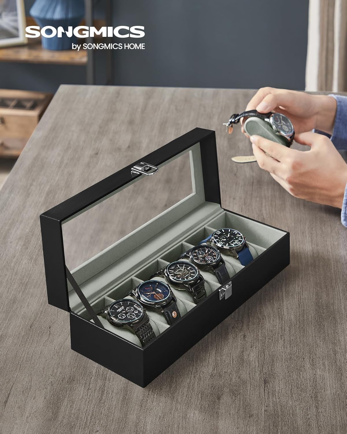 SONGMICS Watch Box, 6-Slot Watch Case, Watch Box Organizer, Black Synthetic Leather, Greenish Gray Lining UJWB06BK