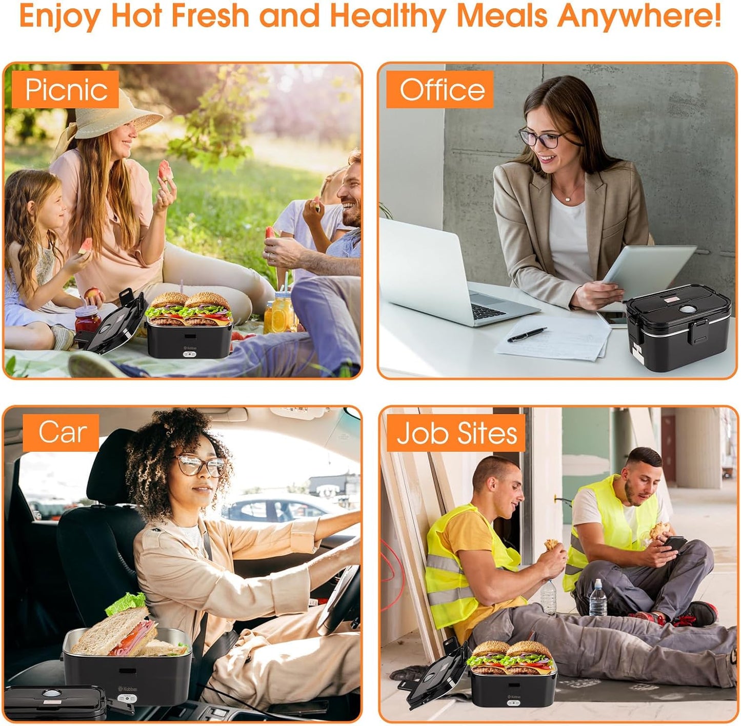Kabbas 1.8L Portable Electric Lunch Box for Adults, 100W Heated Lunch Box for Men with Removable Dual Container, Fast Heating Food Warmer, 12V/24V/110V for Car Truck Office lonchera eléctrica portátil