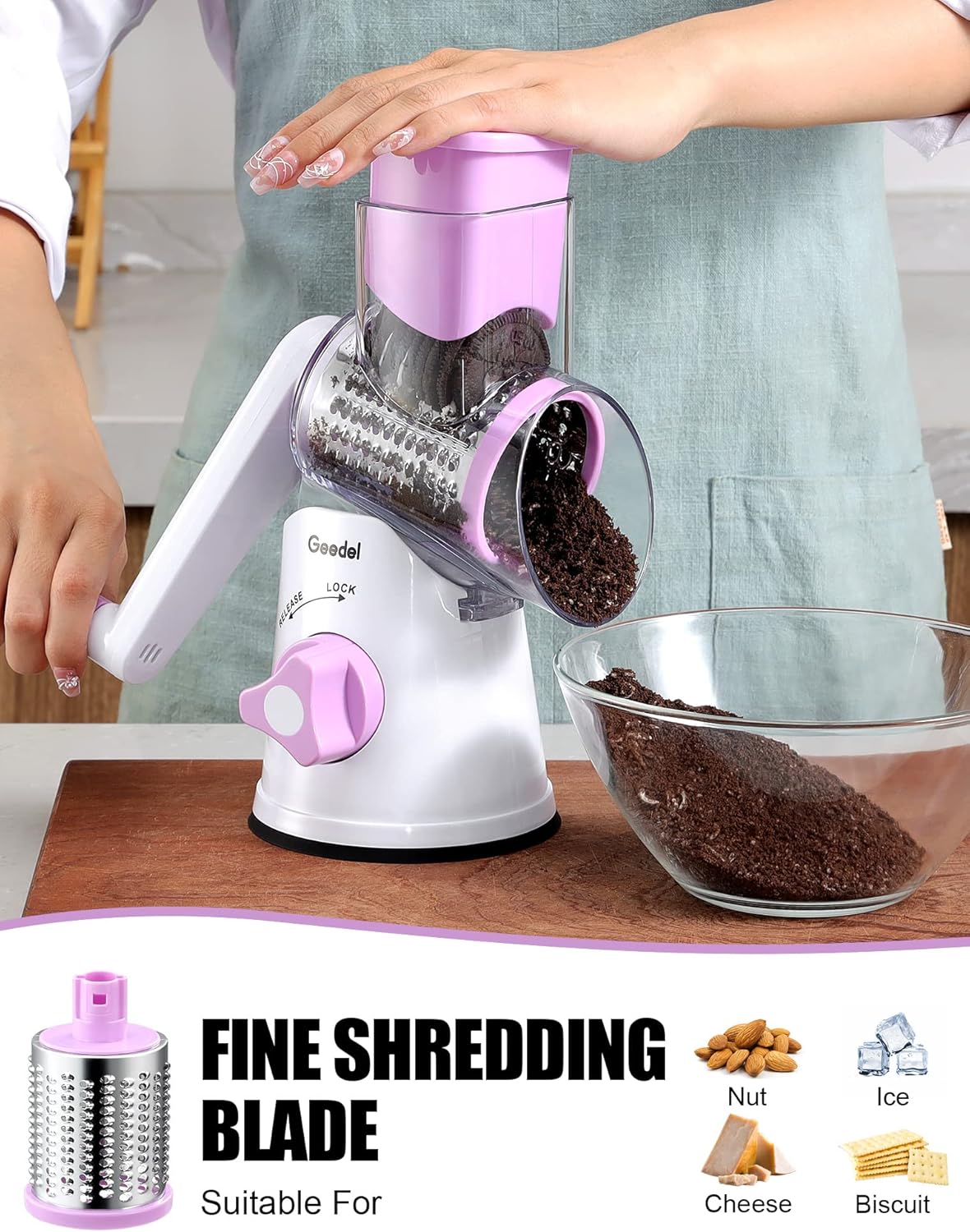 Geedel Kitchen Cheese Grater, Rotary Mandoline Vegetable Slicer with Interchangeable Blades, Easy to Use Rotary Grater Slicer for Fruit, Vegetables, Nuts