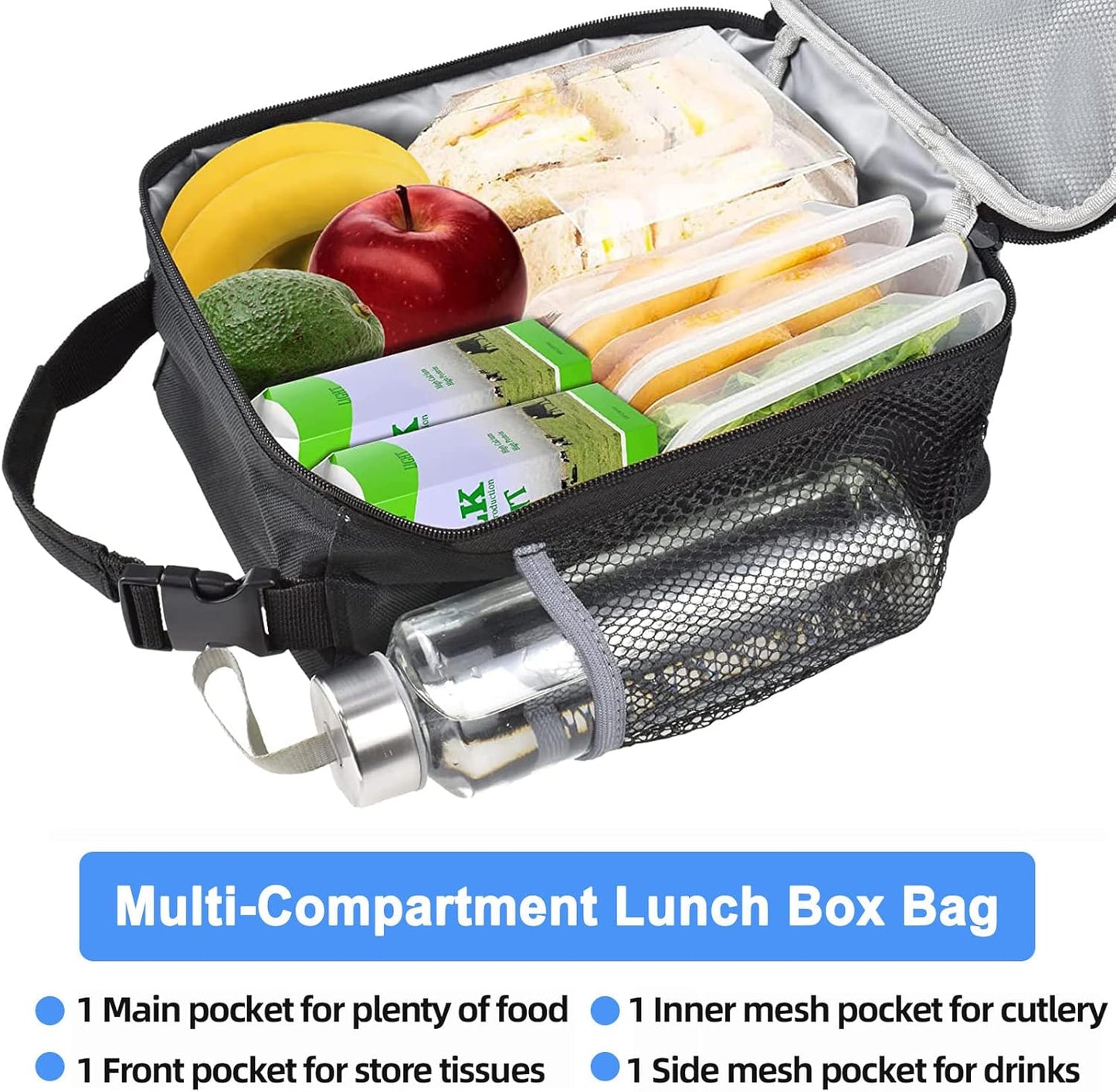 Insulated Lunch Bag, Leakproof Portable Lunch Box for Women Men Boys Girls, Large Capacity Cooler Bag with Handle and Bottle Pocket for Office School Camping Hiking Outdoor Beach Picnic (Black)